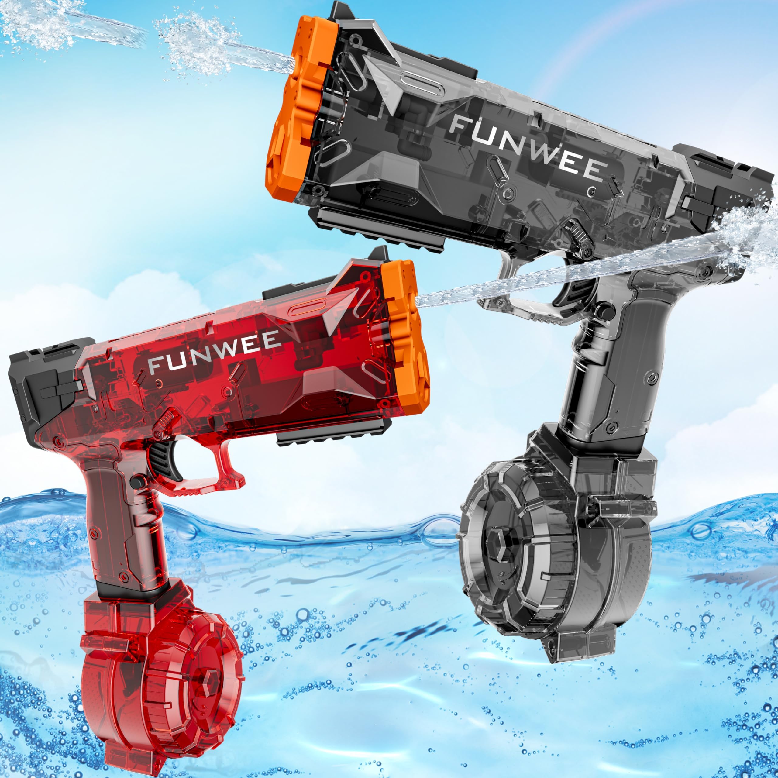Funwee2 Pack Electric Water Guns for Kids, Most Powered Full Automatic Water Squirt, High Powerful Capacity Long Range Bodinator Classic Full Strongest Water Blaster, Outdoor Swimming Pool Gift Toy