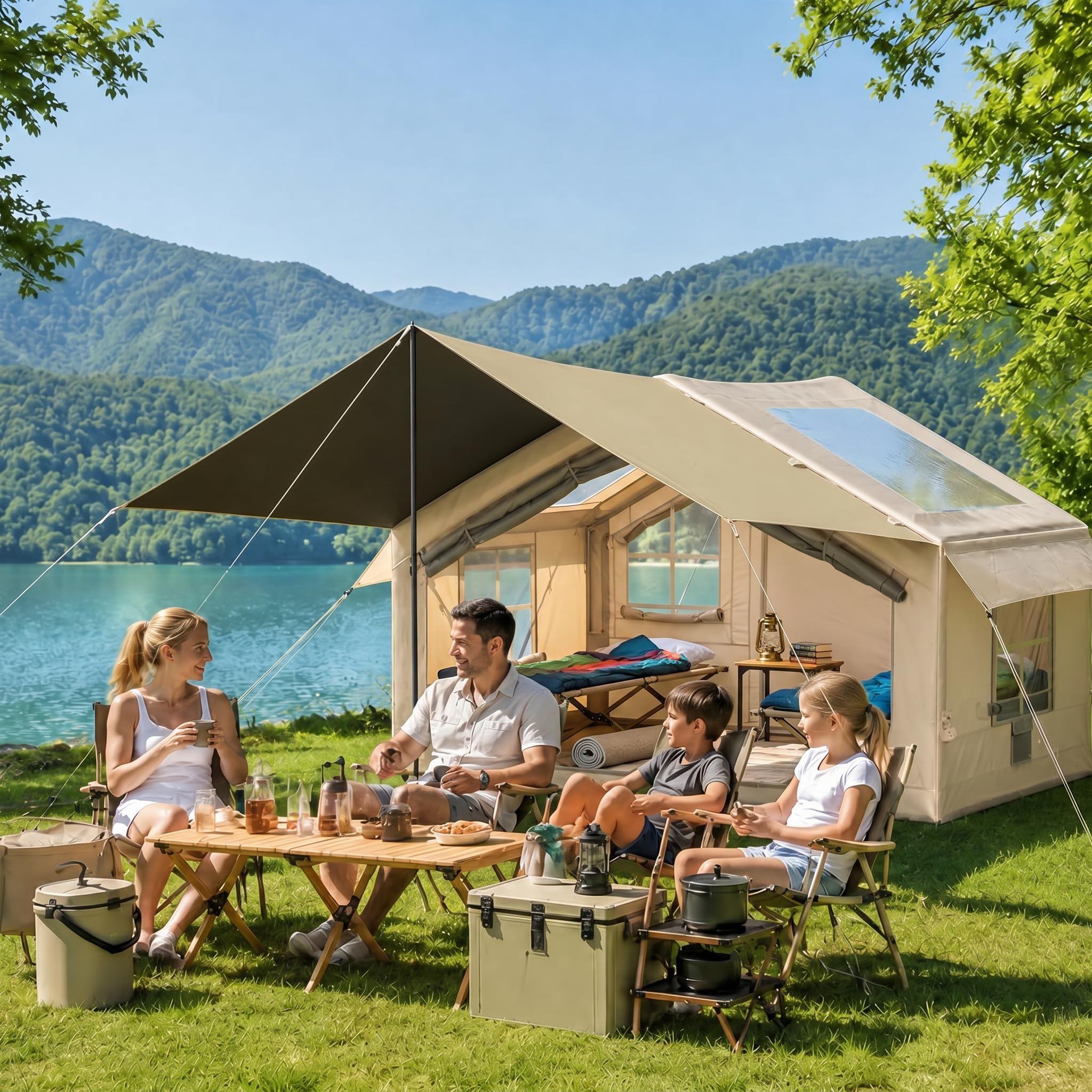 HAUSPROFI Luftzelt Aufblasbares Zelt 3-4 Personen, 6,3m² Glamping Hauszelt mit Vorzelt & Kaminöffnung, 200cm Stehhöhe, 420D Oxford Wasserdichtes Familienzelt für Camping Outdoor, Inkl. Pumpe