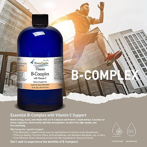 Miniatura 5 de HoneyCombs Gotas de complejo de vitamina B – Suplemento líquido con vitamina B1, B2, B3, B5, B6, B7, B9, B12 y vitamina C – Vitaminas del complejo