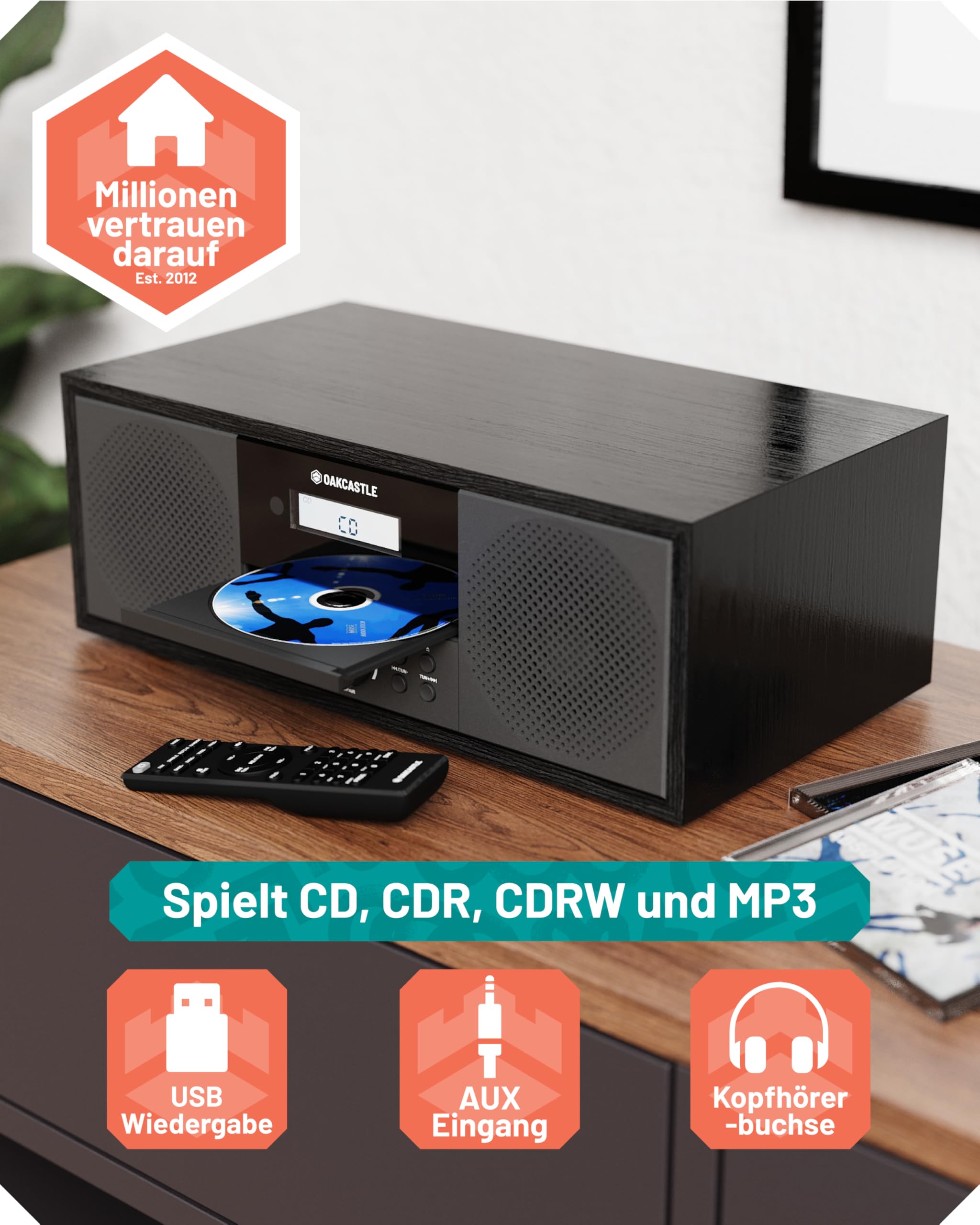 DAB Radio mit CD Player und Bluetooth | 60W Stereoanlage | Kompaktanlage mit USB | CD Player HiFi | UKW Radio Musikanlage | Digitalradio mit CD Player & Fernsteuerung | Küchenradio | OAKCASTLE DAB500