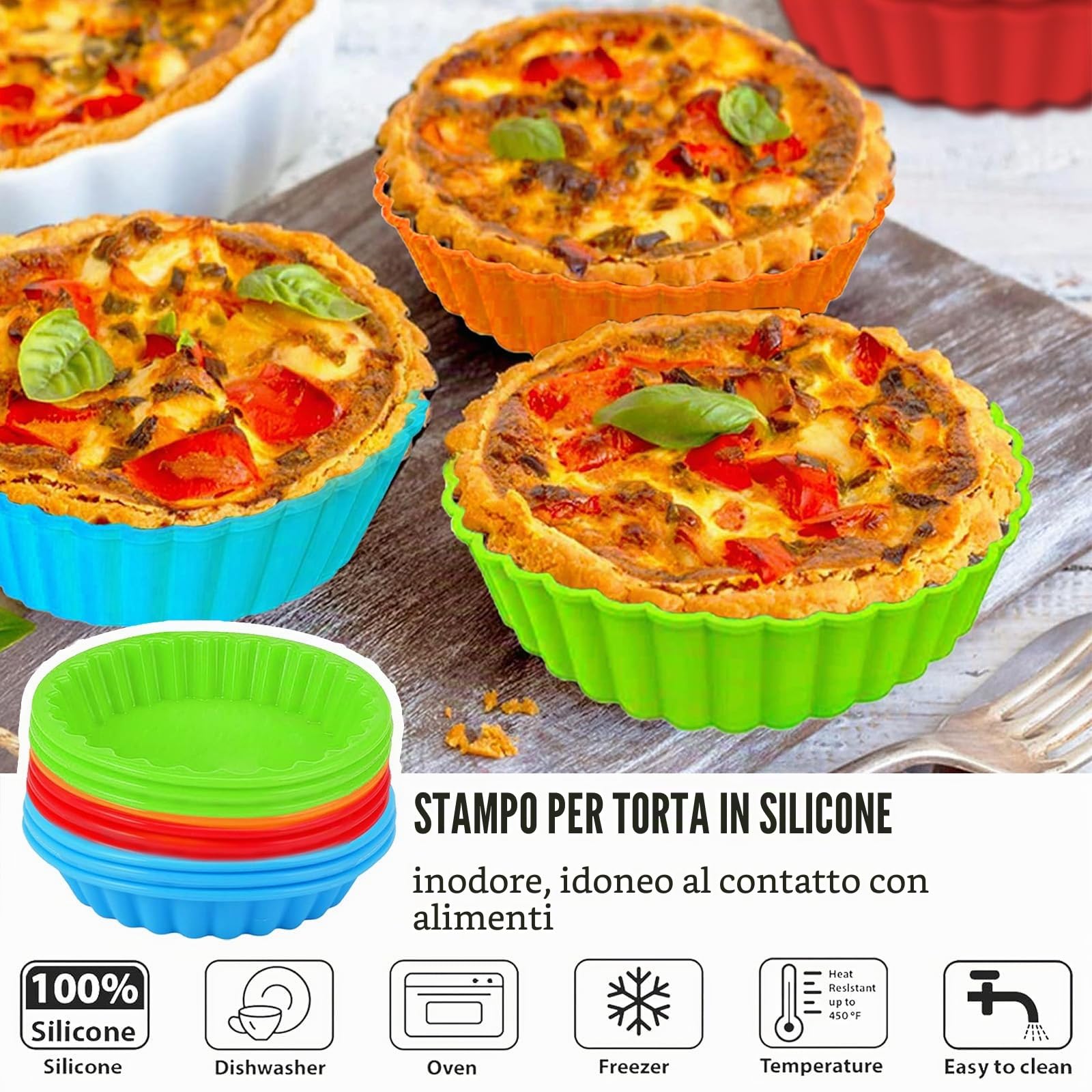 Stampo Crostata Mini Quiche, 8 Stampo Crostata Silicone, Stampi Crostatine Monoporzione 4 Inch, Stampo per Quiche Riutilizzabile Piccolo Utilizzato per Preparare Cupcakes, Muffin, Pane