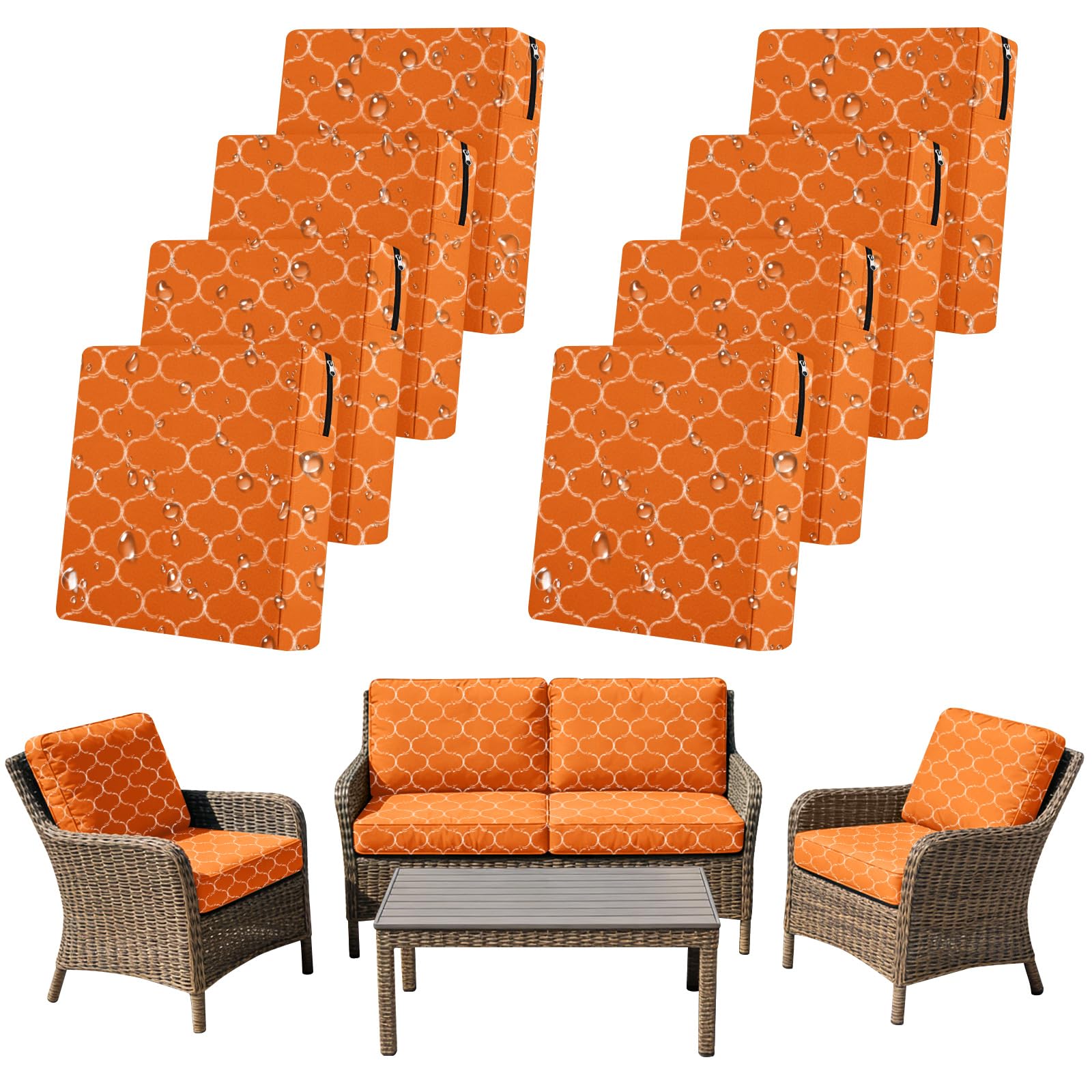 SYLC 8Pcs Outdoor Cushion Covers Waterproof Patio Cushion Covers Replacement with Zipper, Garden Rattan Sofa Seat Slipcovers Furniture Protector (Orange moro,8pcs 50×50×5cm)