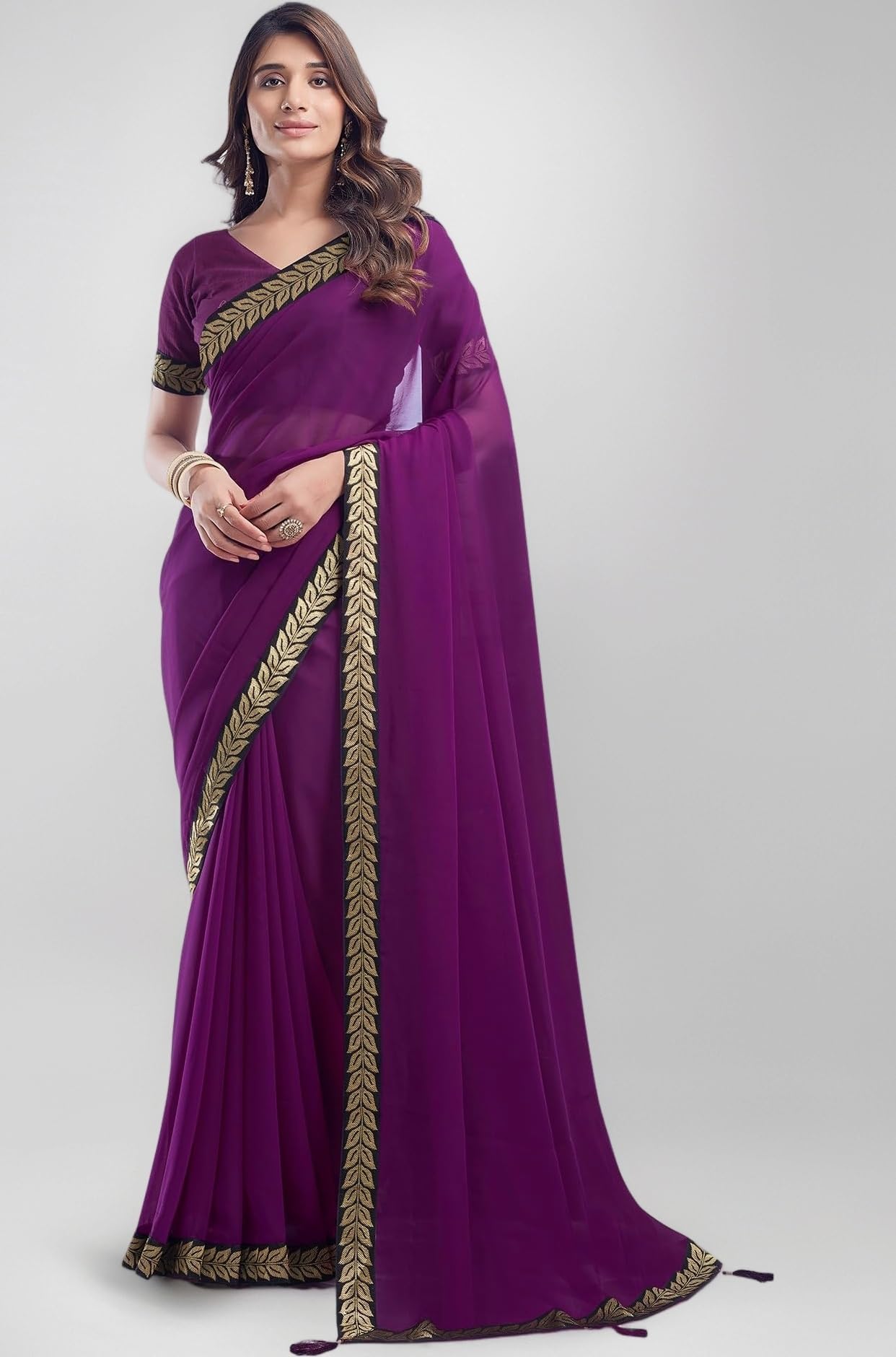 SIRIL Women's Georgette Lace Boarder Saree With Unstitched Blouse Piece