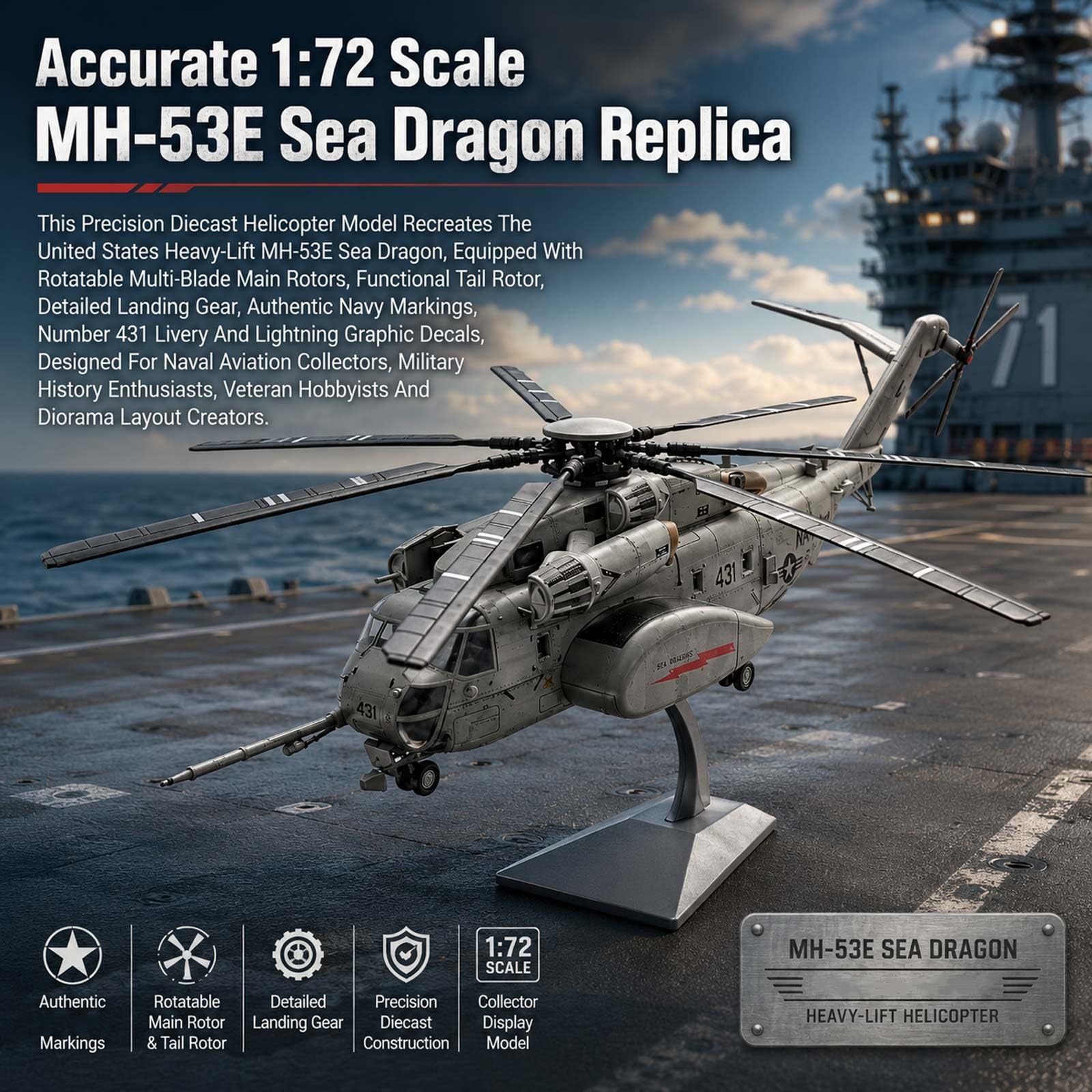 CHICHIYANG Helikopter wojskowy model MH-53E morski smok 1:72 odlewany pod ciśnieniem