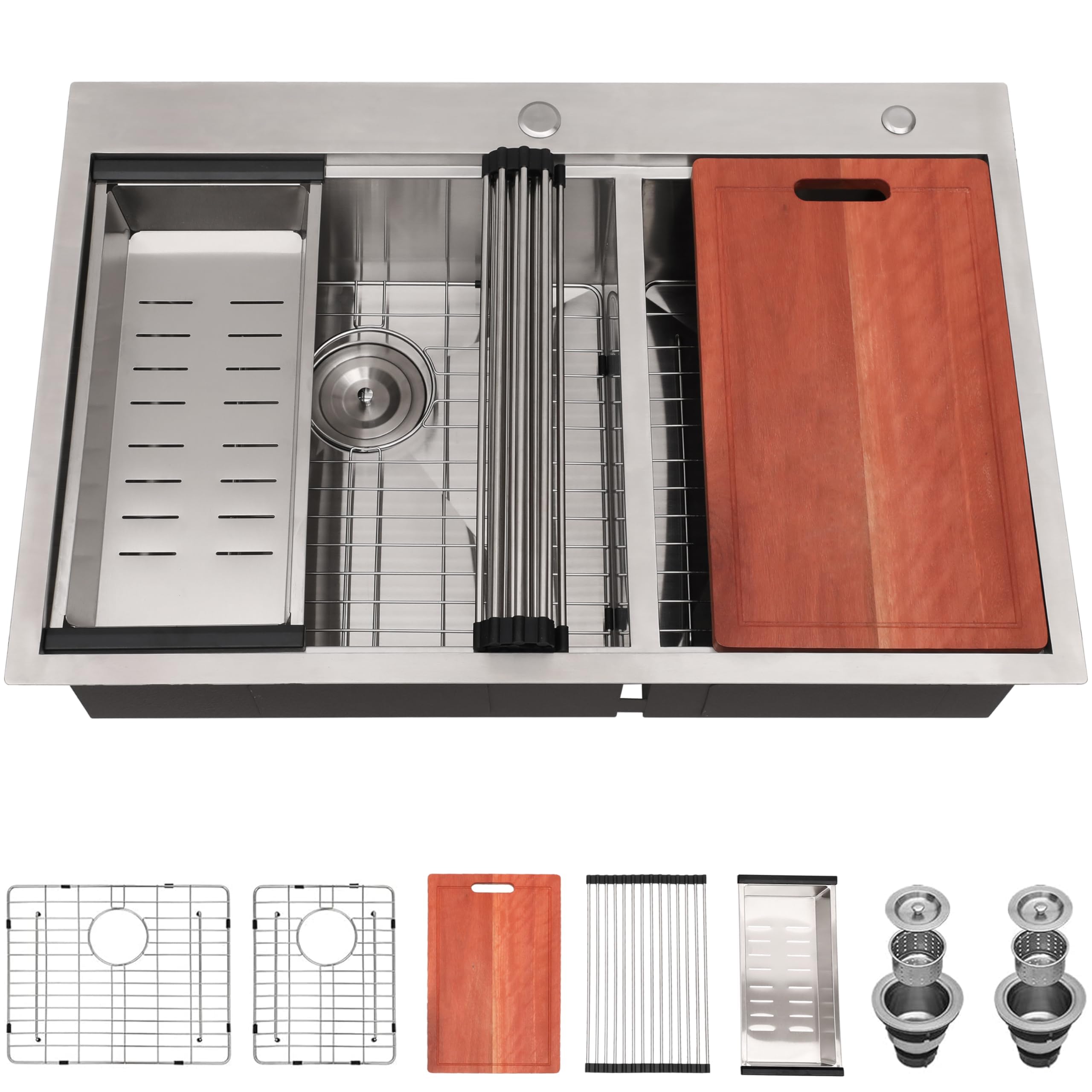 60/40 Double Bowl Kitchen Sink, 33x22 Inch Drop In Kitchen Sink, 33 Inch Ledge Workstation 16 Gauge Stainless Steel Topmount Double Basin with Cutting Board