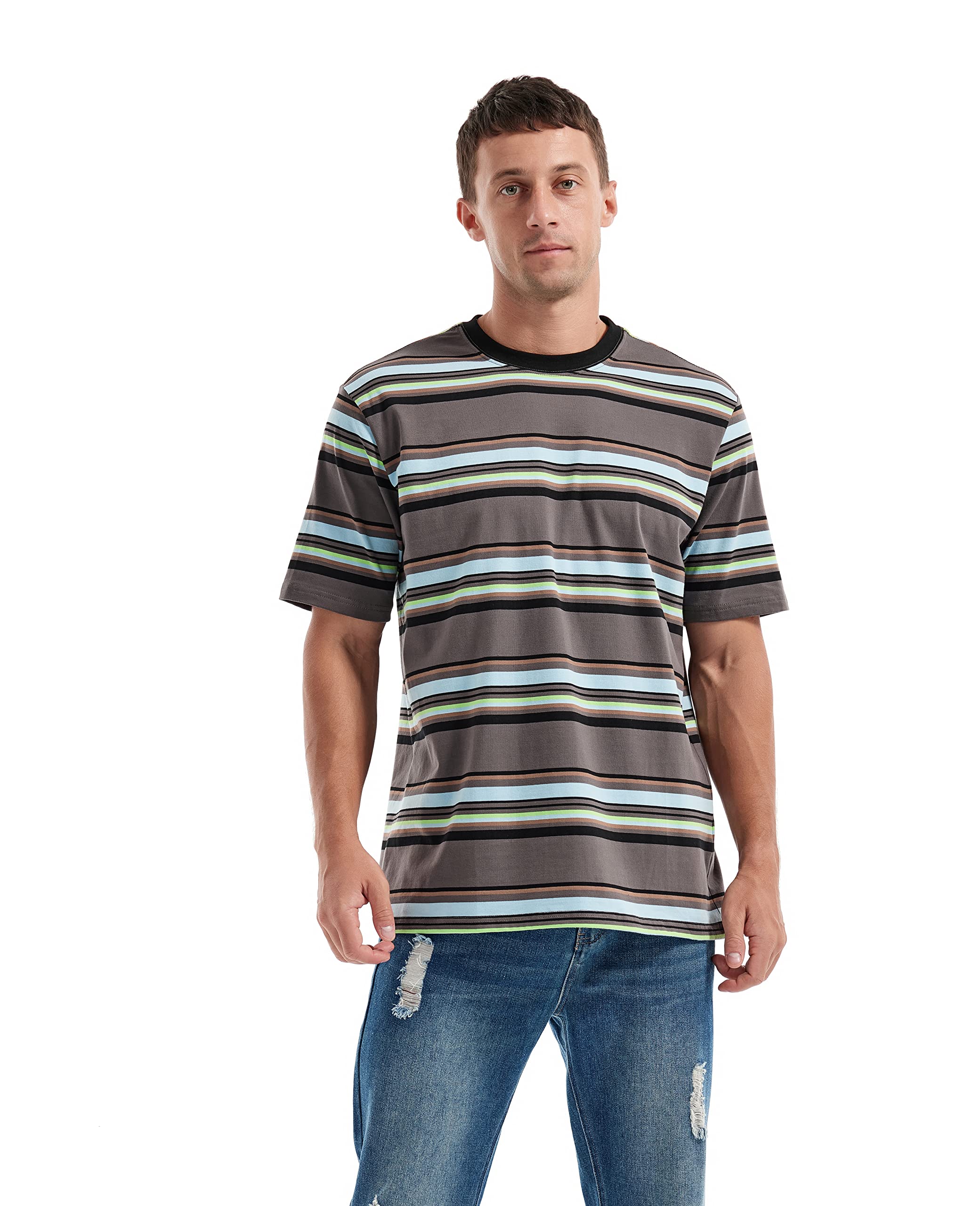 KLIEGOU Camiseta de moda para hombre, ajuste holgado, cuello redondo, a rayas