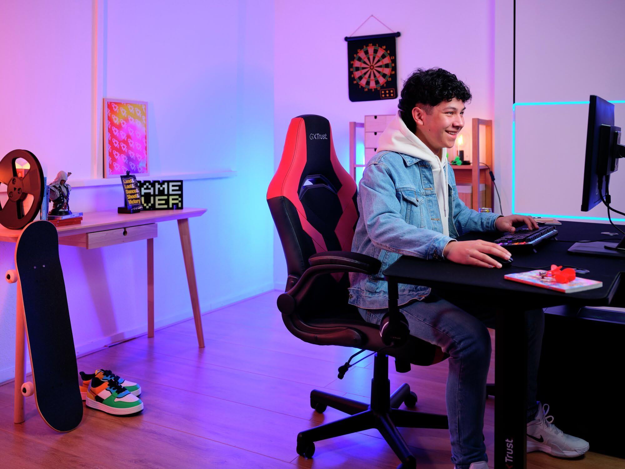 GXTrust 1703 Yezz Sedia Gaming con Braccioli Imbottiti, Regolabile in Altezza, Gas di Classe 4, Sedia da Gaming Inclinabile Fino a 140 kg, Rivestimento in Tessuto, per PC Ufficio Gioco, Rosso
