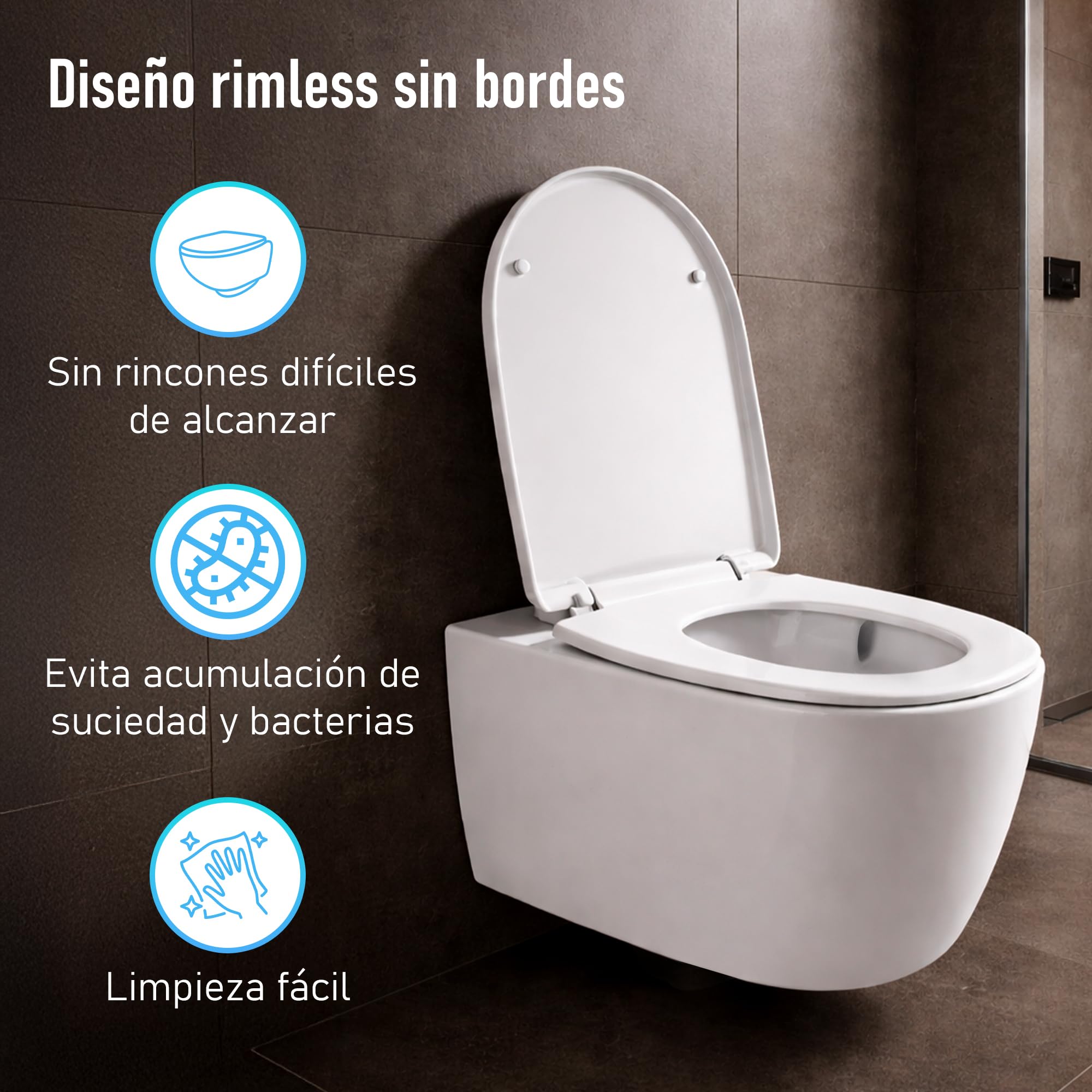 WC Inodoro de Cerámica Suspendido | 530x365x365 mm | Váter con Sistema Rimless Antibacterias, Tapa Dura Extrafina UF Amortiguada y Ahorro de Agua (Blanco)