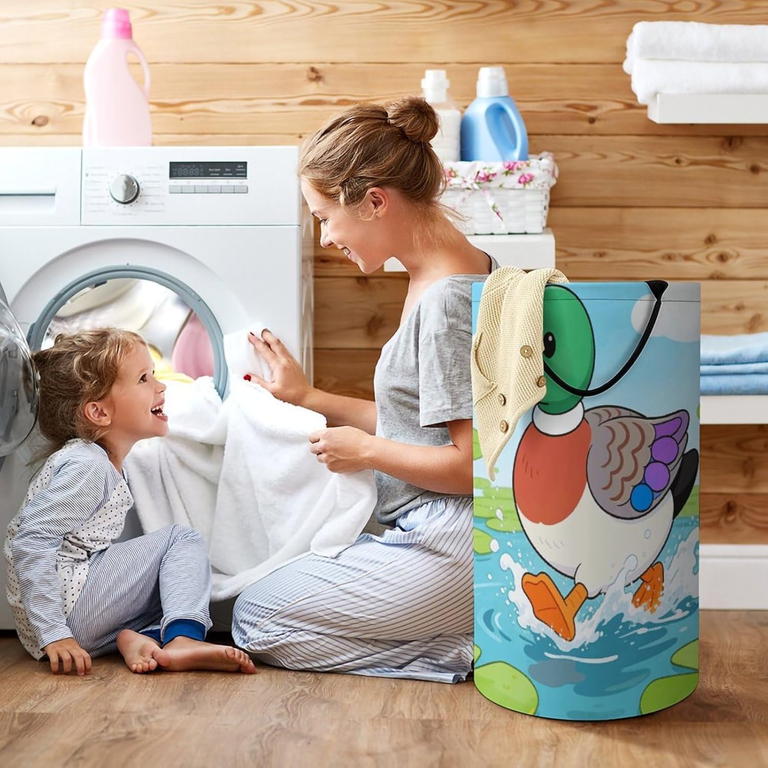 Swan-necked Duck Laundry Hamper with Handles Waterproof Collapsible Laundry Basket Large Lightweight Round Dirty Clothes Hamper for Home Dorm Bathroom Decor