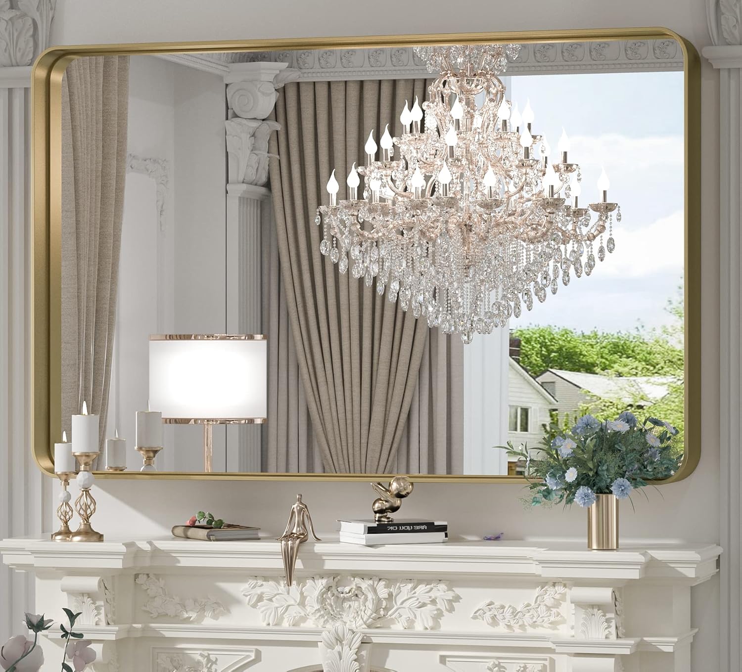 TokeShimi 48x36 Inch Brushed Gold Bathroom Vanity Mirror for Wall with Non-Rusting Aluminum Alloy Metal Frame Rounded Corner for Farmhouse Modern Home Decor (Horizontal/Vertical) 36"L x 48"W Rectangle Brushed Gold