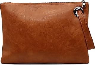 Amaze Womens Oversized Clutch Bag Large PU Leather Pouch Evening Handbags Envelope Purse with Wristlet Shoulder Lady (Brown)