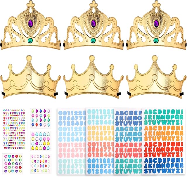 Hileyu Party Hats Paper Crowns Gold Rose Gold Sliver Paper King Hats for Kids Party and Birthday Celebration with 5 Sheets Self-Adhesive Rhinestone Stickers + 4 Sheets Number Letter Stickers