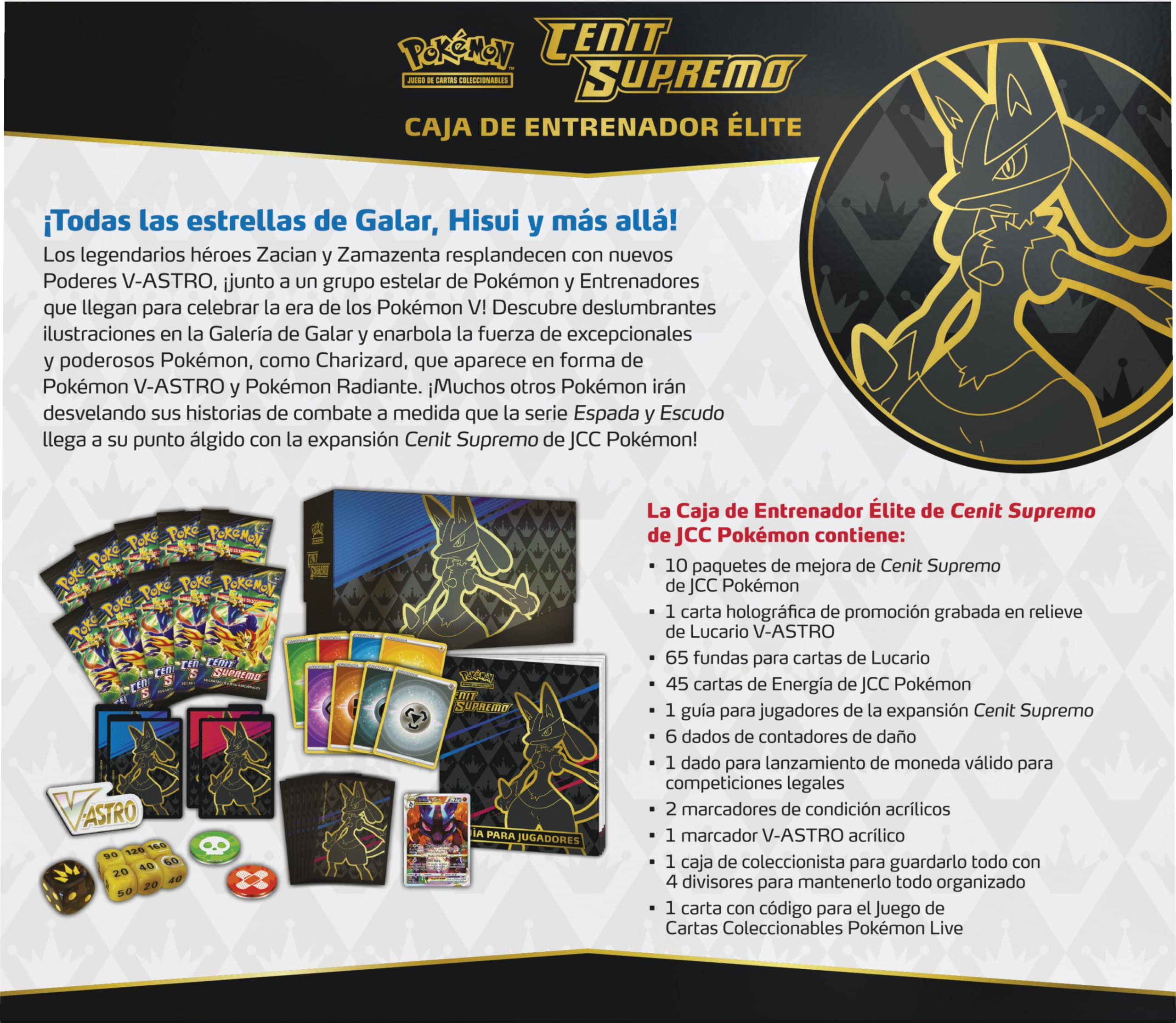 Pokémon JCC: Caja de Entrenador Élite de Cenit Supremo de JCC Pokémon (1 Carta holográfica grabada en Relieve, 10 Paquetes de Mejora y Accesorios prémium)