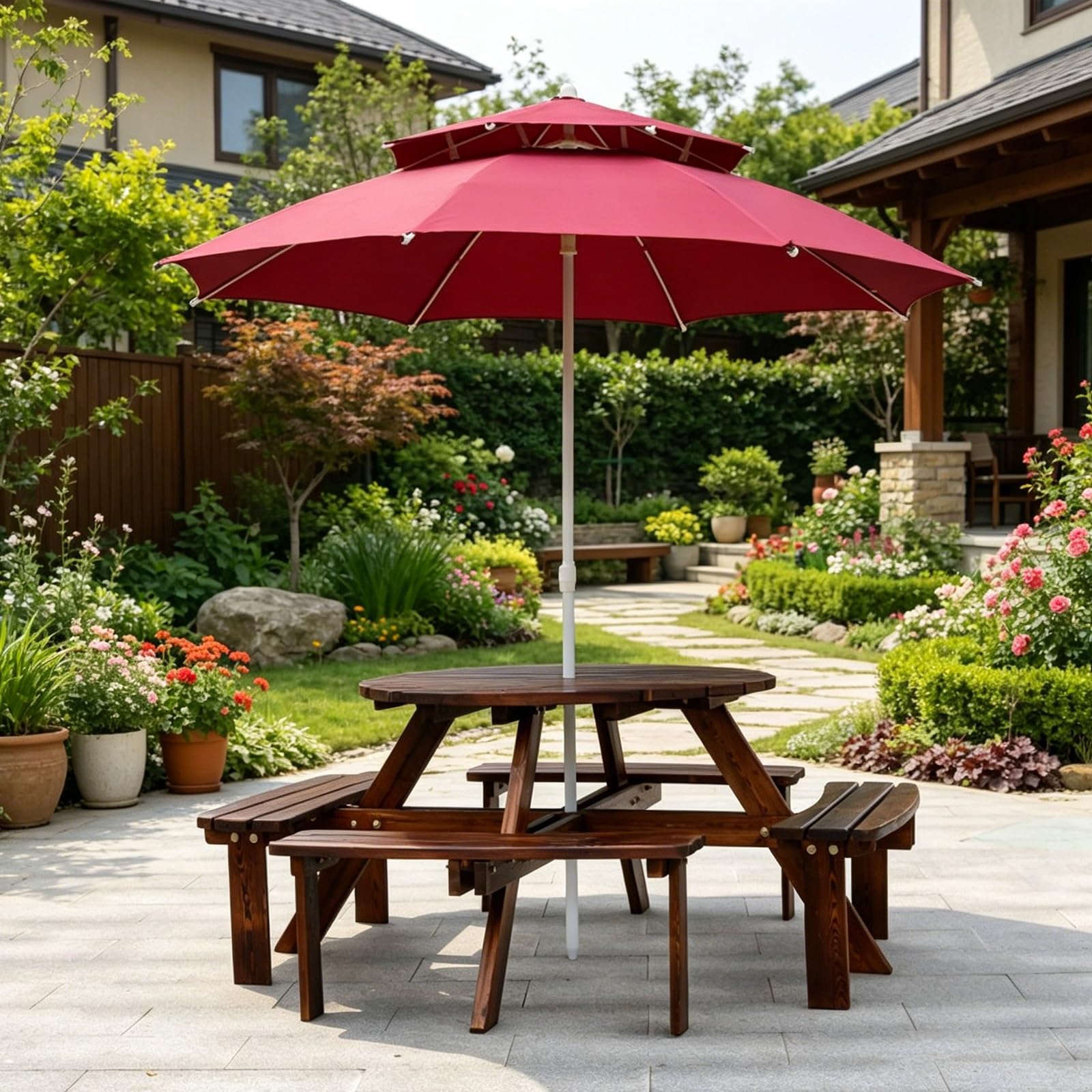 Tavolo da Picnic Rotondo All-in-one In Legno Massivo Carbonizzato, Tavolo da Esterno Resistente Per 8 Persone con 4 Panche Curve E Foro Ombrello 40mm Per Giardino