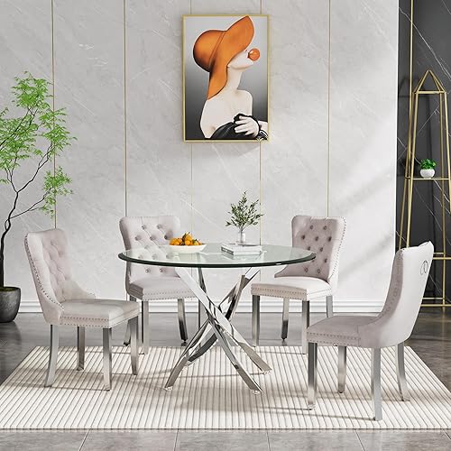 Miniatura 2 de SSLine - Juego moderno de mesa de comedor redonda de 5 piezas de vidrio para 4, mesa de cocina de lujo de vidrio plateado y sillas para 4, mesa de