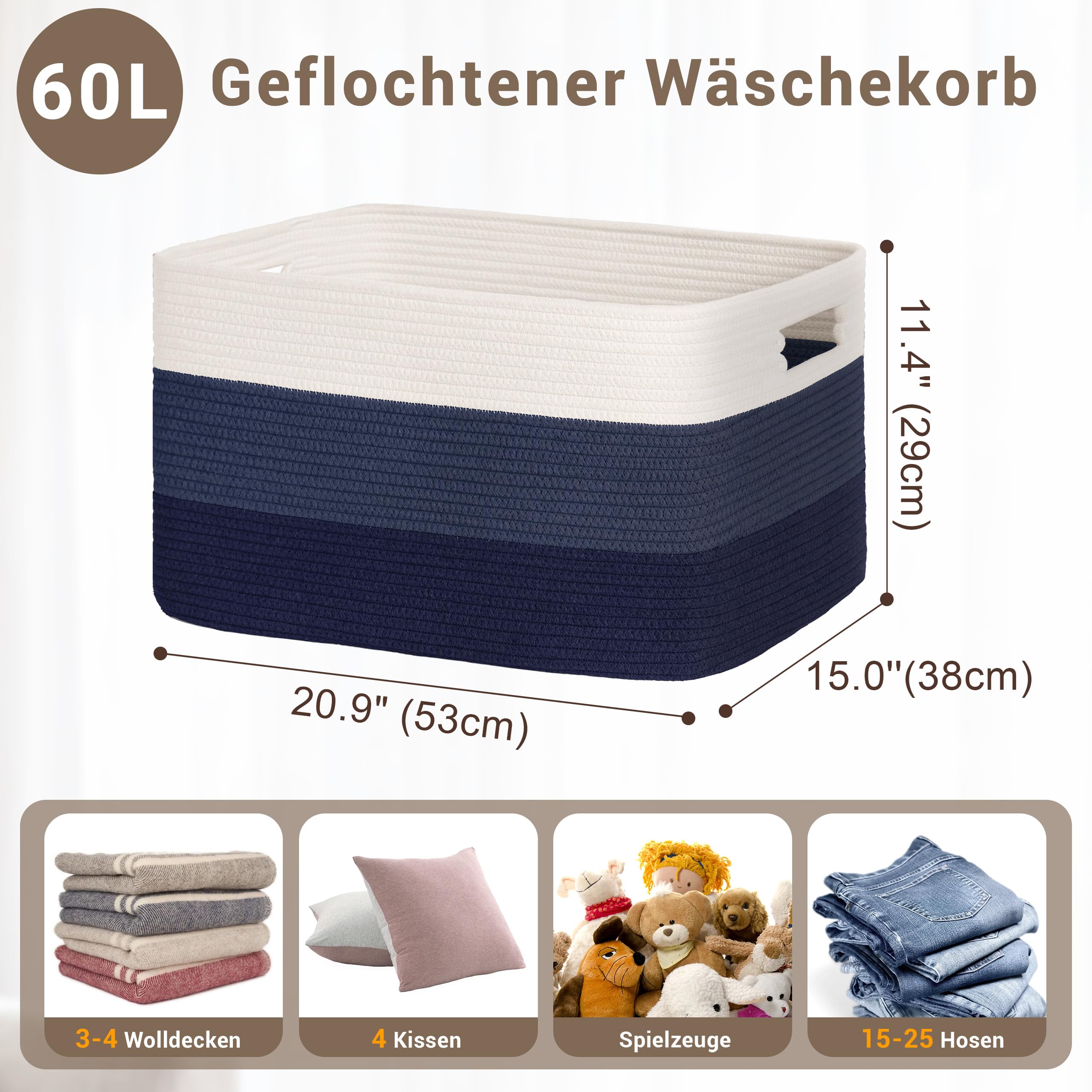 Gran organizador 60L en cuerda de algodón, cesto para juguetes, mantas, ropa, trenzado con asas, recogedor de ropa de tela para decoración de habitación infantil o salón, degradado azul