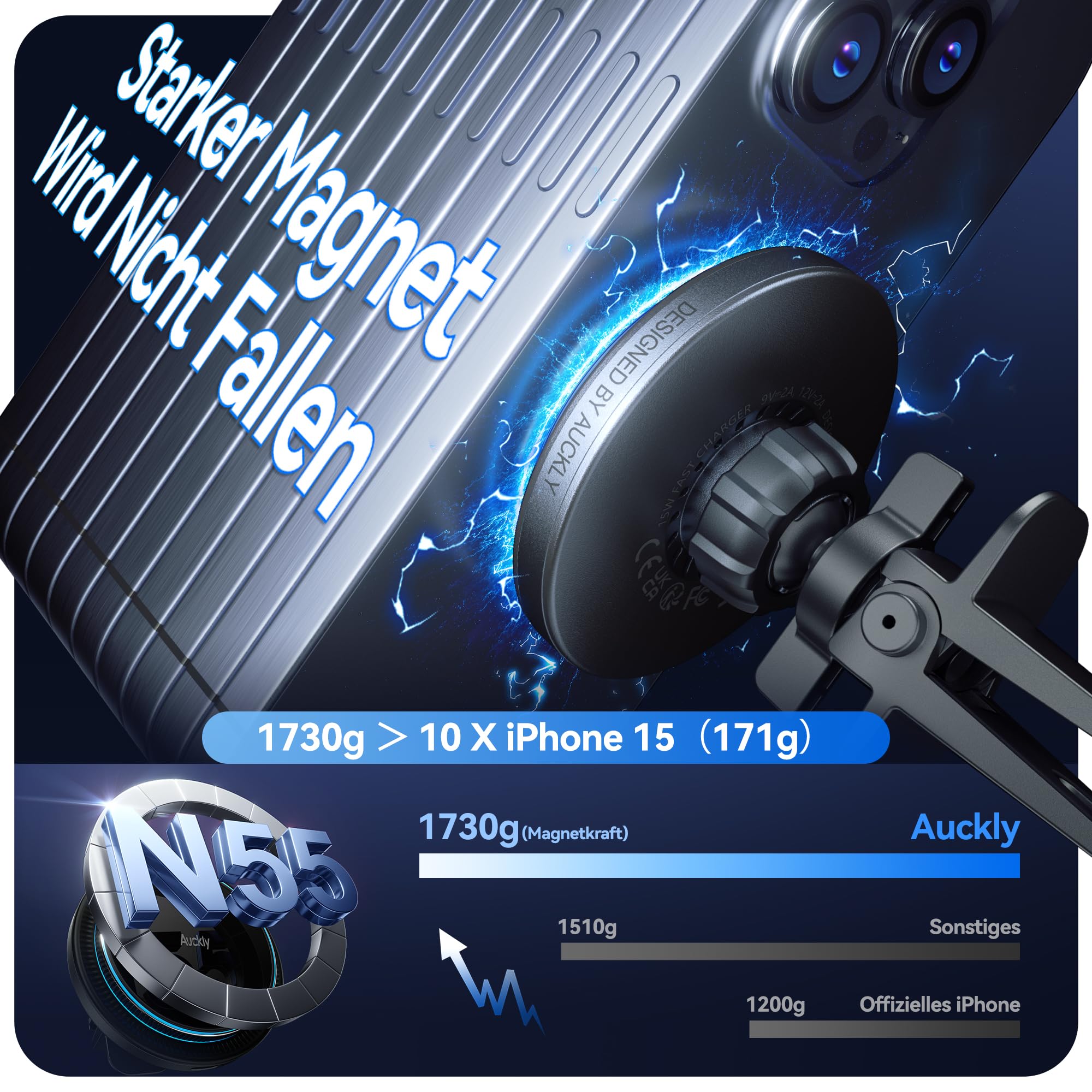 Auckly 15W für Magsafe Autohalterung mit Ladefunktion, Magnetisches Qi Kabelloses Handyhalterung, Lüftung, für iPhone 17 16 15 14 13 12 Series, Schnellladung, Aluminium, Clip, Schwarz