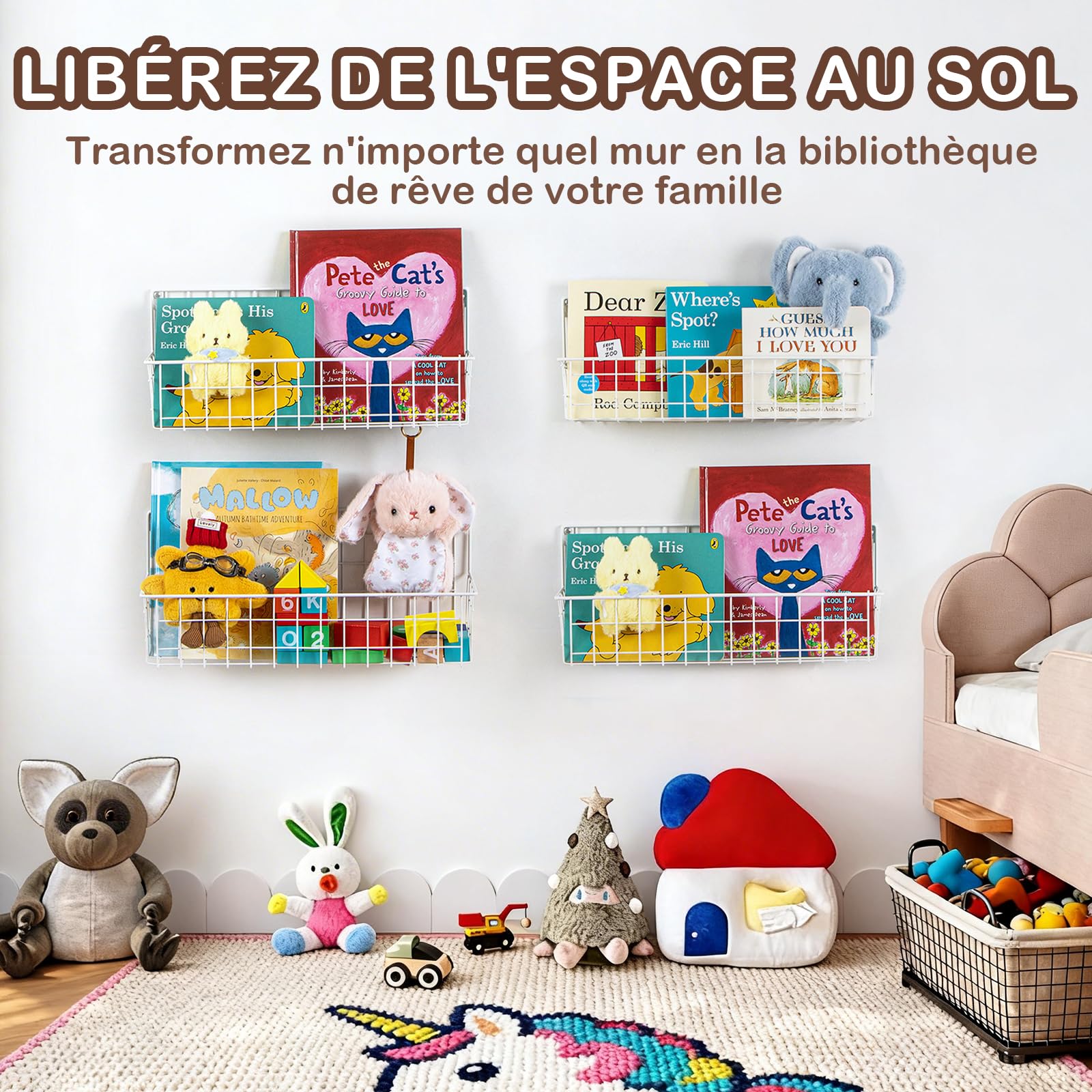 PUERSI Lot de 6 Étagères Muraux Enfant en Métal, Bibliothèque Murale, Étagère à Livres Mural pour Chambre d’Enfants, Rangement pour Livres, Filles et Garçons, Bébé - Blanche