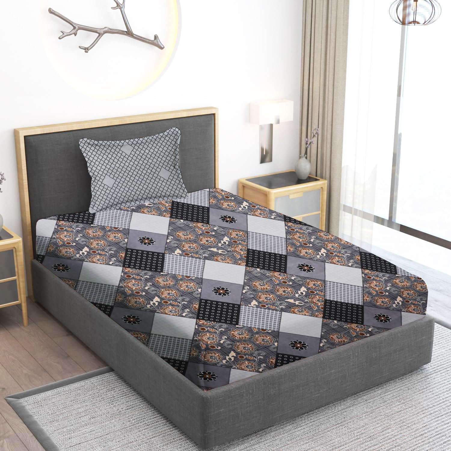 Home Stylish 280 TC Floral Print Ezyption Cotton 1 Single Bedsheet with 1 Pillow Cover 90x60 Inch Black Grey