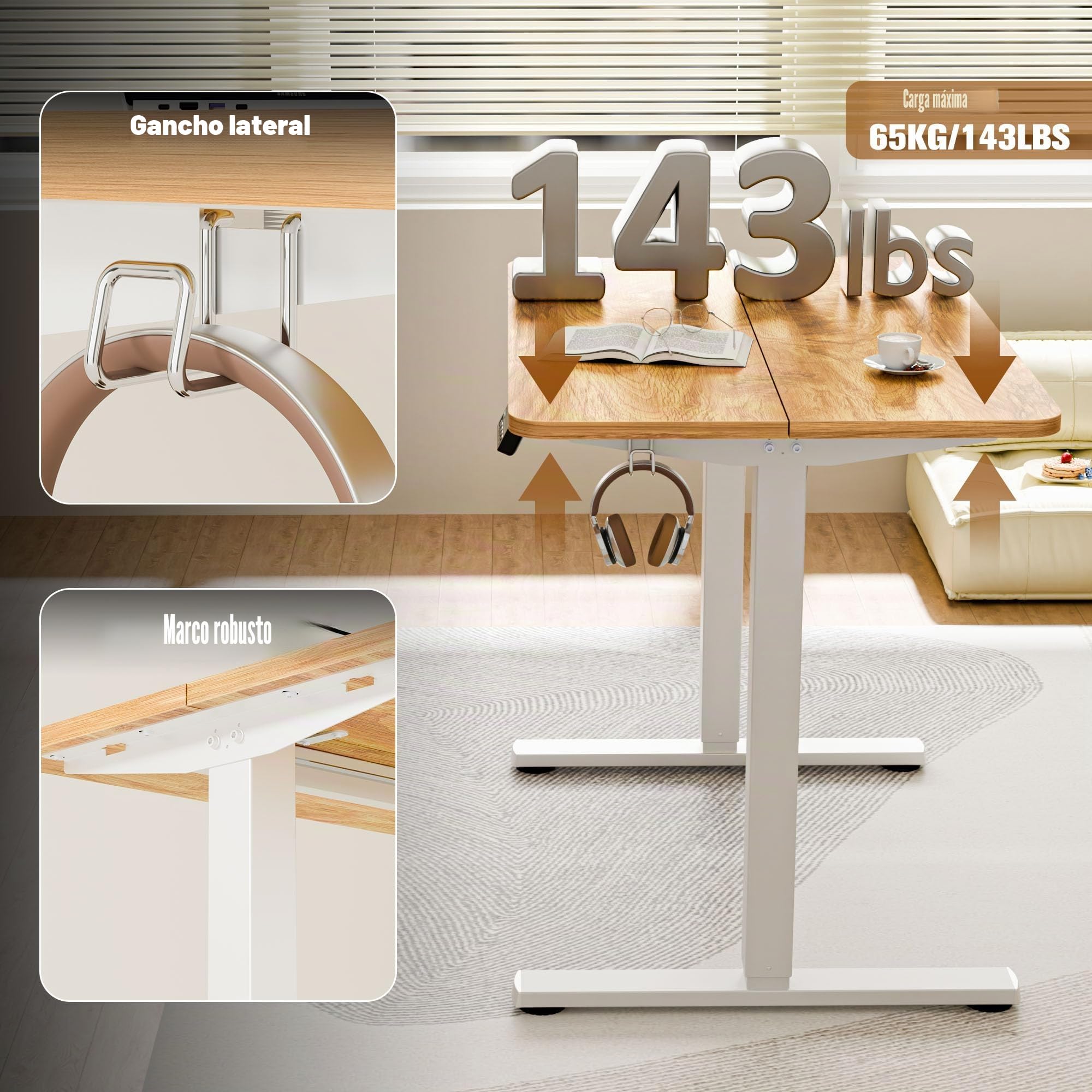 ERGOMAKER Escritorio Regulable en Altura 90 x 60 cm, Altura Regulable eléctrica con función de Memoria, Mesa ergonómica Regulable en Altura, marrón Claro