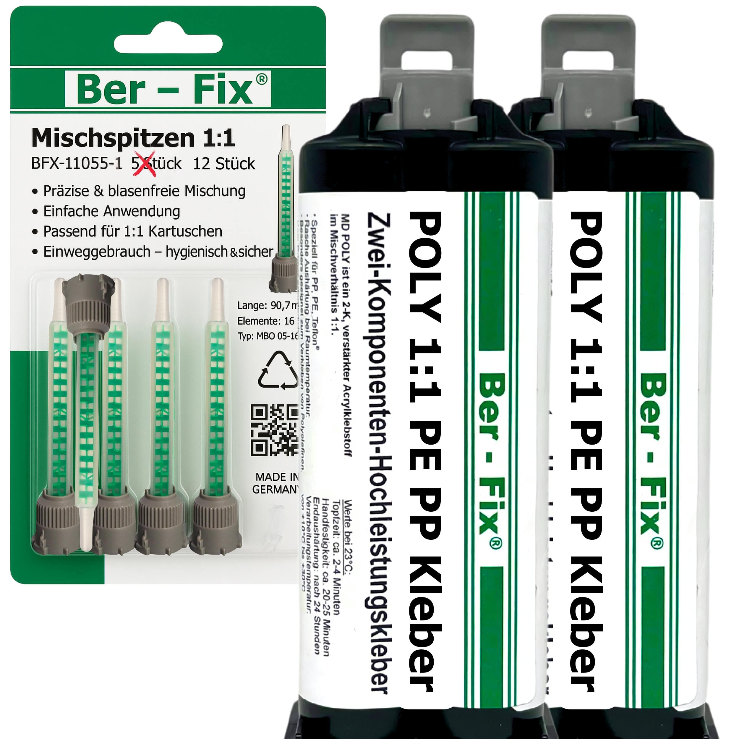 Ber-Fix 2K Poly Spezialkleber 2x50g + 12 Düsen PE PP HDPE primerlos 50g