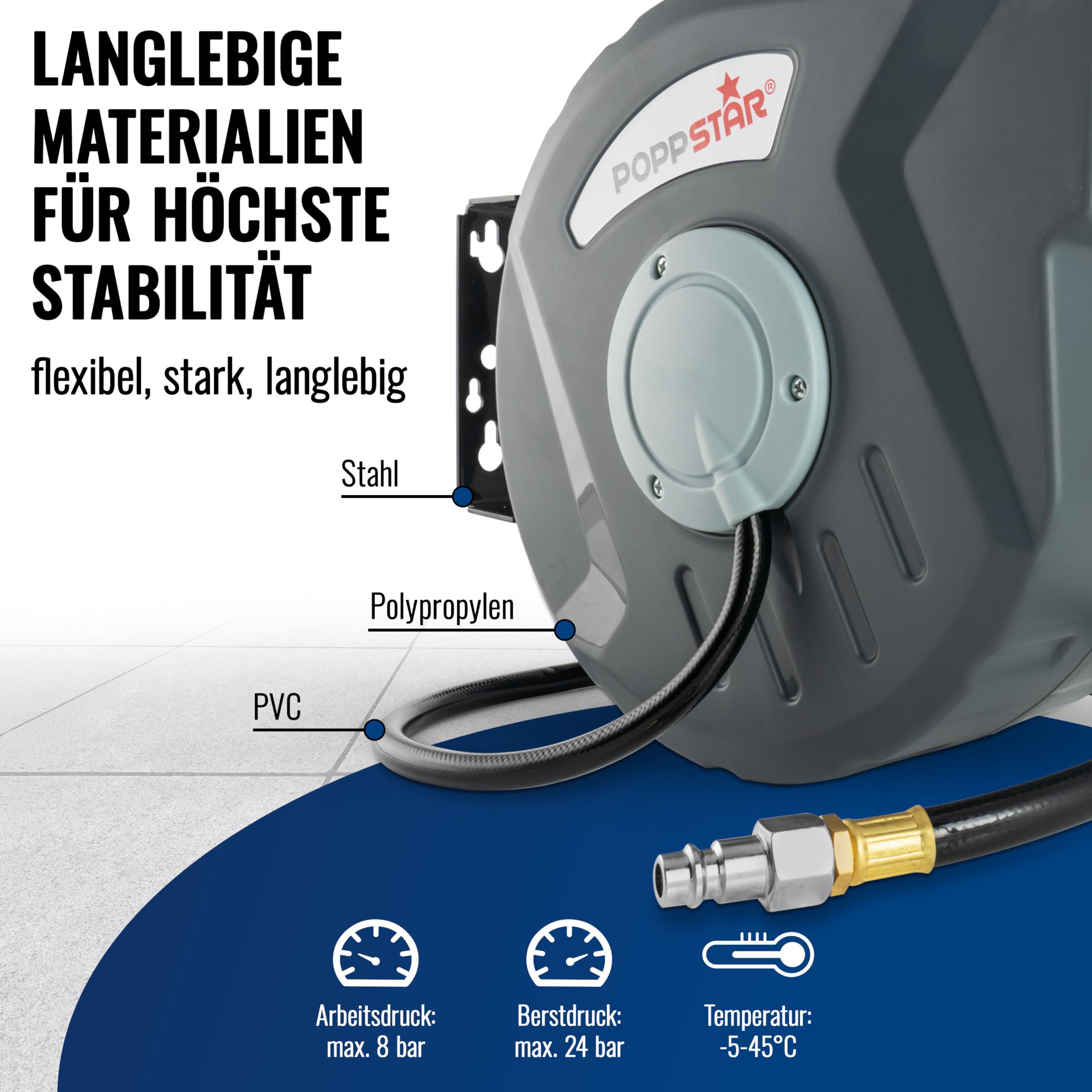 Poppstar Druckluftschlauchtrommel (Schlauch: 10m + 1m, Innendurchmesser 5/16"(8x12mm), 3/8"BSPT), Schlauchtrommel mit Automatik Aufroller für Druckluft Schlauch Grau