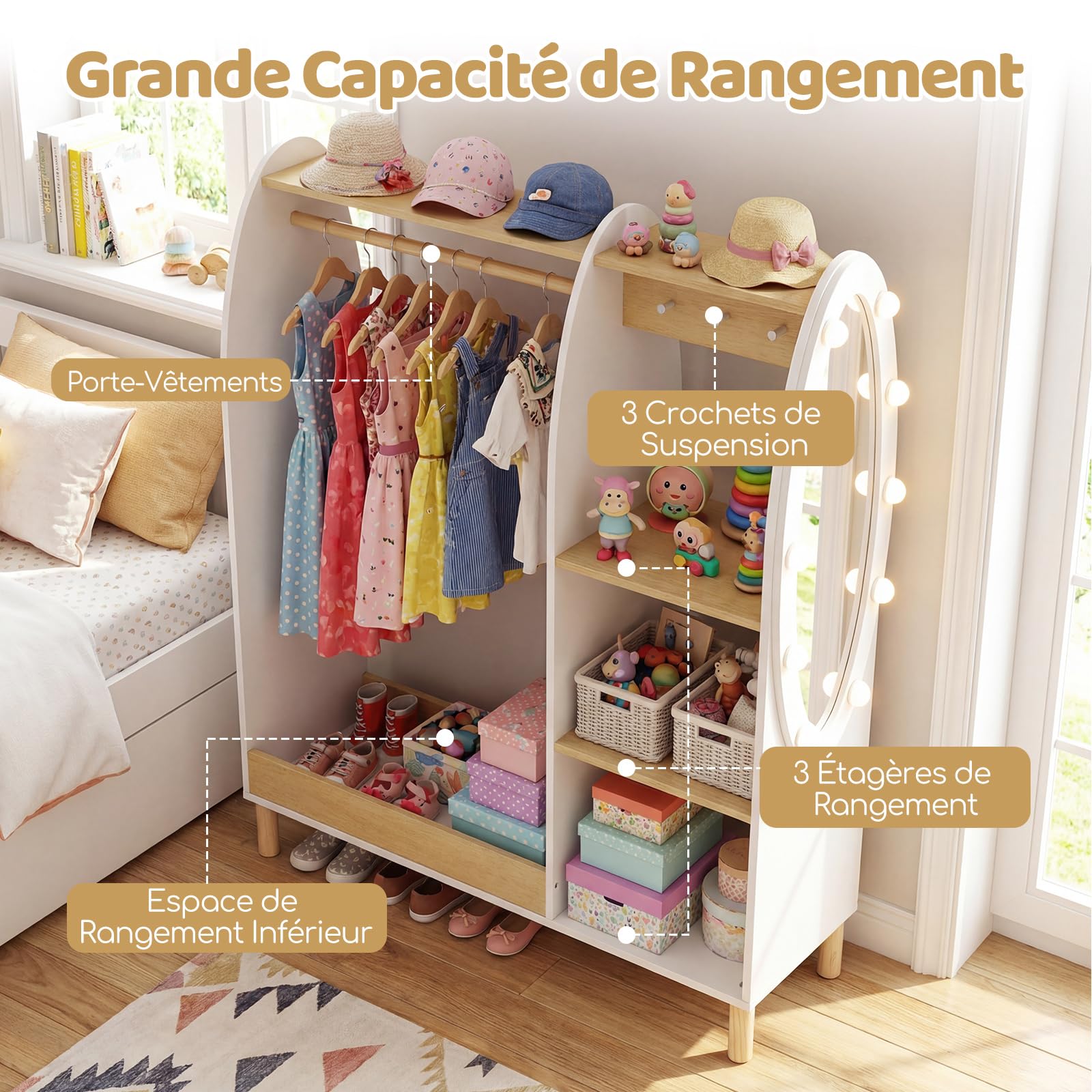 COSTWAY Penderie Enfant avec Miroir en Acrylique et 10 Ampoules LED, Portant à Vêtements Enfant en Bois Massif avec 3 Étagères et 3 Crochets et Tringle, Armoire Montessori, 91x28x110 cm