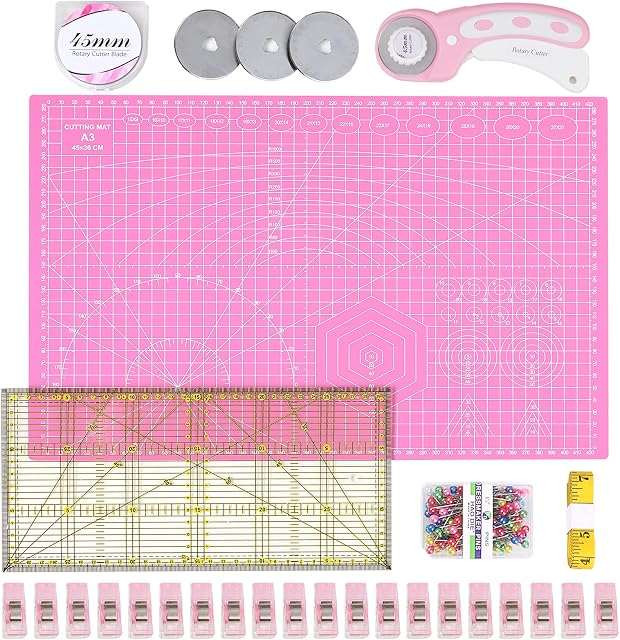 INTLMATE A3 Cutting Mat Set Fabric Cutter Tool Kit Including 17inches self-Healing Cutting mat,45mm Rotary Cutter with 3 Replacement Blades,Acrylic Quilting Ruler,Patchwork Ruler,20 Clips,100 pins