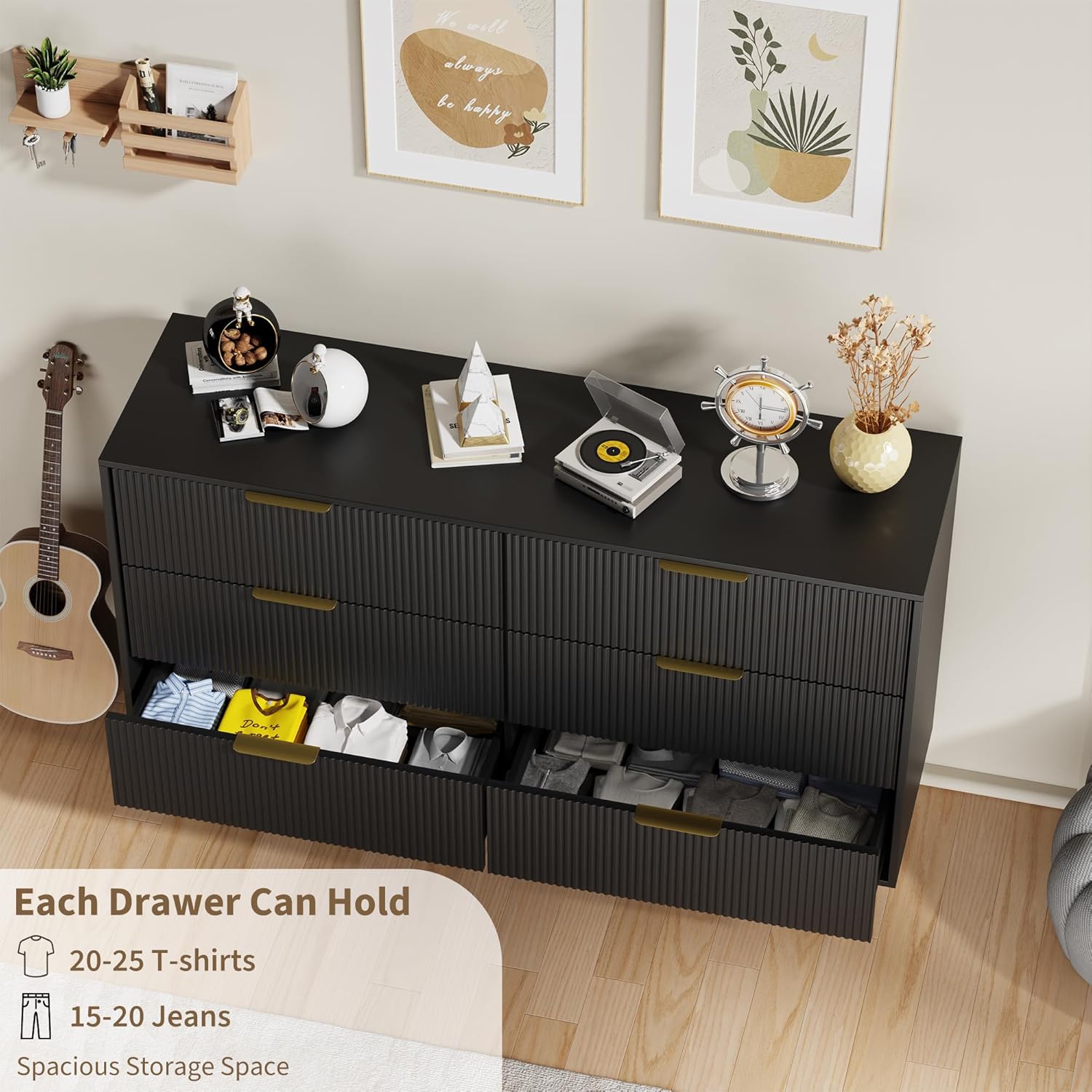 IDEALHOUSE Fluted 6 Drawer Dresser for Bedroom, 56" Wide Chest of Drawers, Wood Dresser with Gold Metal Handle, Storage Organizer for Hallway and Entryway, Easy Assembly, Black