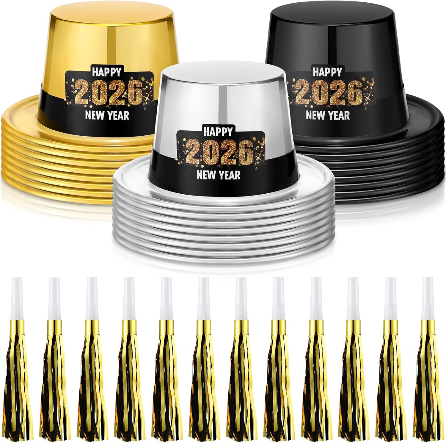 Poen 48 Pcs New Years 2026 Eve Party Supplies 24 Plastic Electroplating Hats 24 Metallic Fringed Noise Makers for Happy New Year Decorations 2026