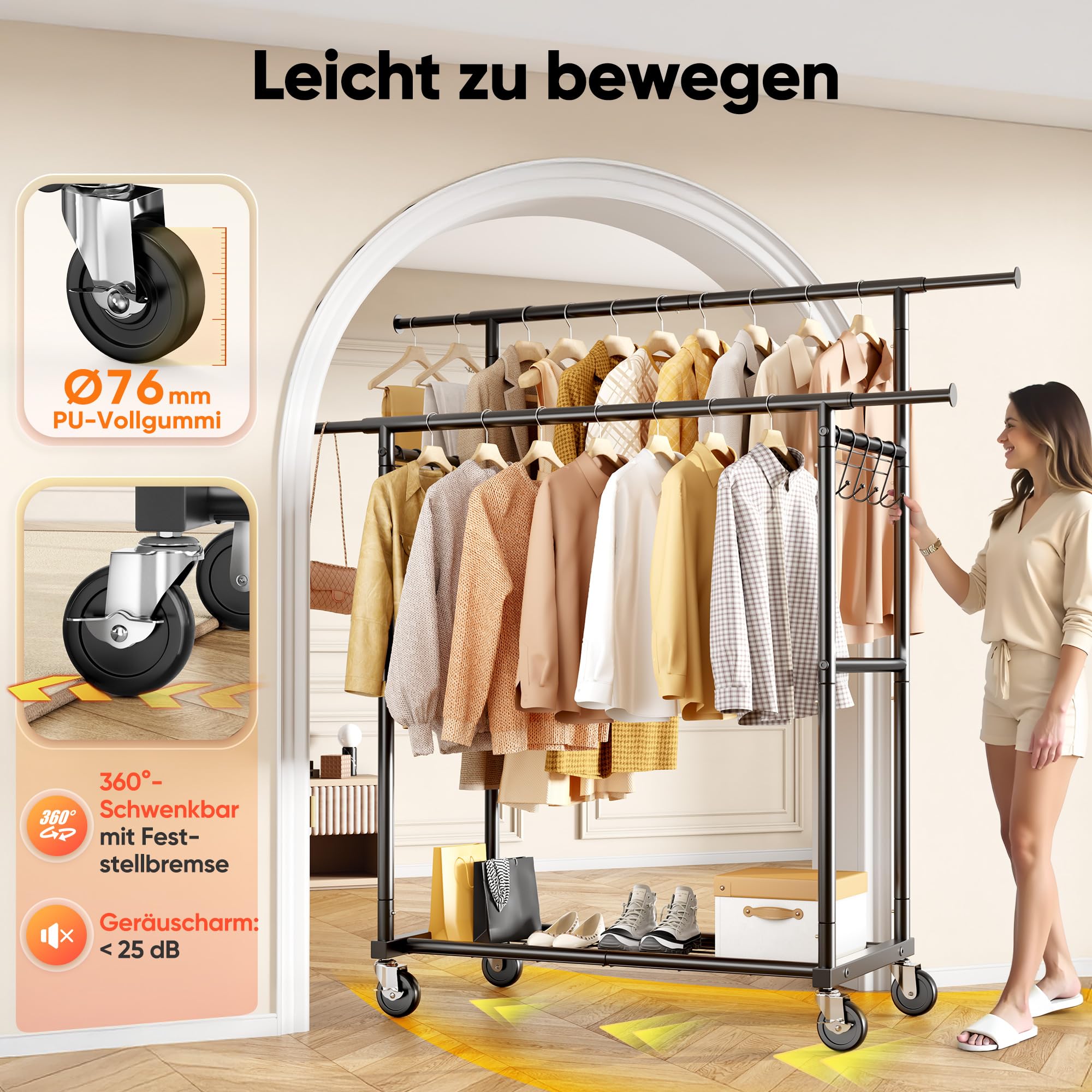 HOKEEPER Kleiderständer Schwerlast-Kleiderstange 204kg Kleiderständer mit Rädern Doppelstab-Garderobenständer zum Aufhängen von Kleidung Tragbarer mit Regalen, schwarz