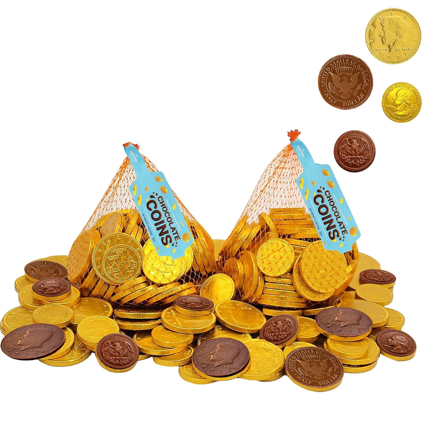 Milk Chocolate Coins, 2-Pack Large Mesh Bag contains 70 Half Dollar Coins, for ST. Patrick's Day Made with Premium Nut-Free Belgian Chocolate, Kosher Certified Dairy, Approx. 70 Chocolates Per Bag Total 140 Coins
