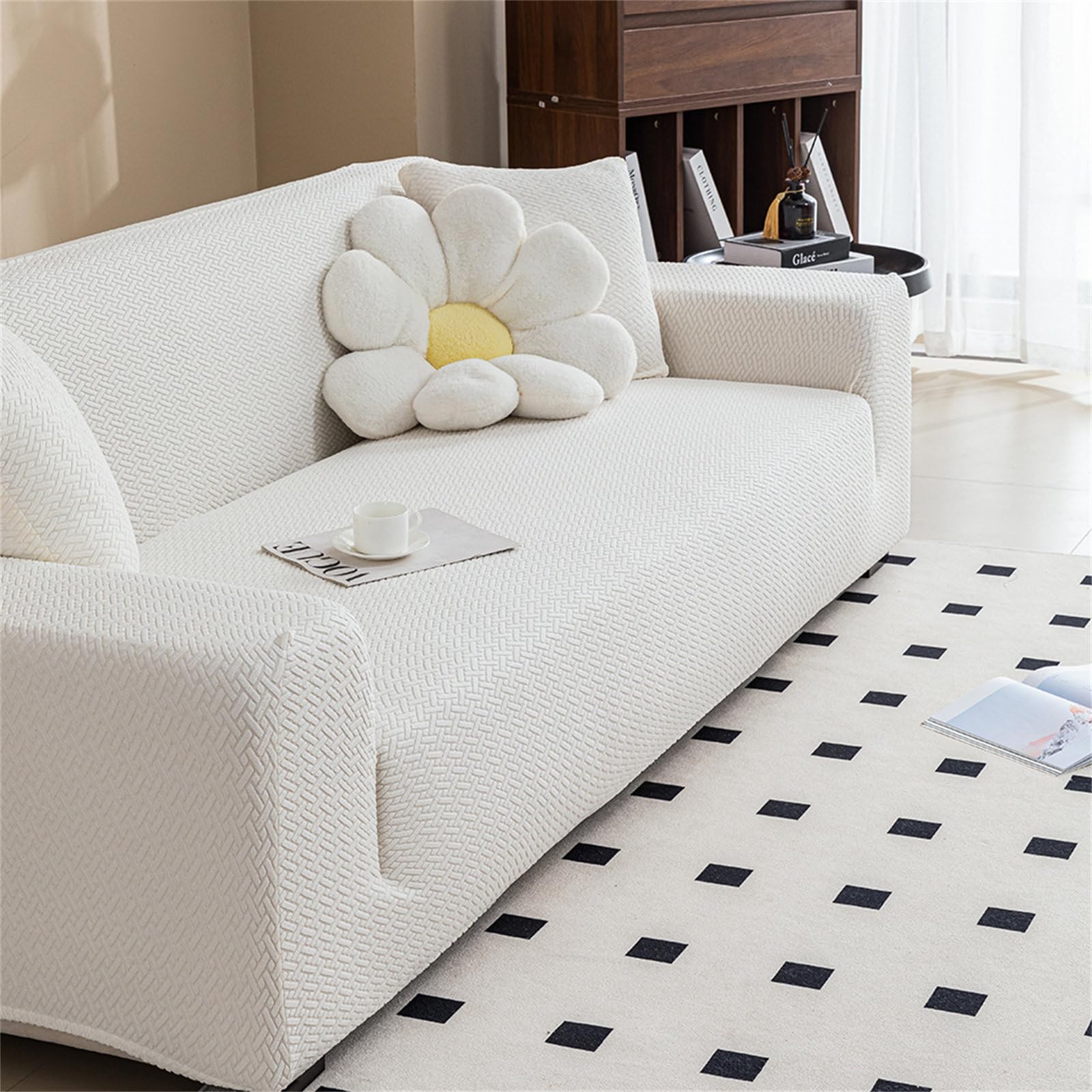 Odot Sofa Cover, Twill Jacquard Sofa Cover 4/3/2/1 Seater Washable, Adjustable Sofa Covers, Universal for Families Sofa Covers, Elastic Sofa Covers (2 Seater, White)