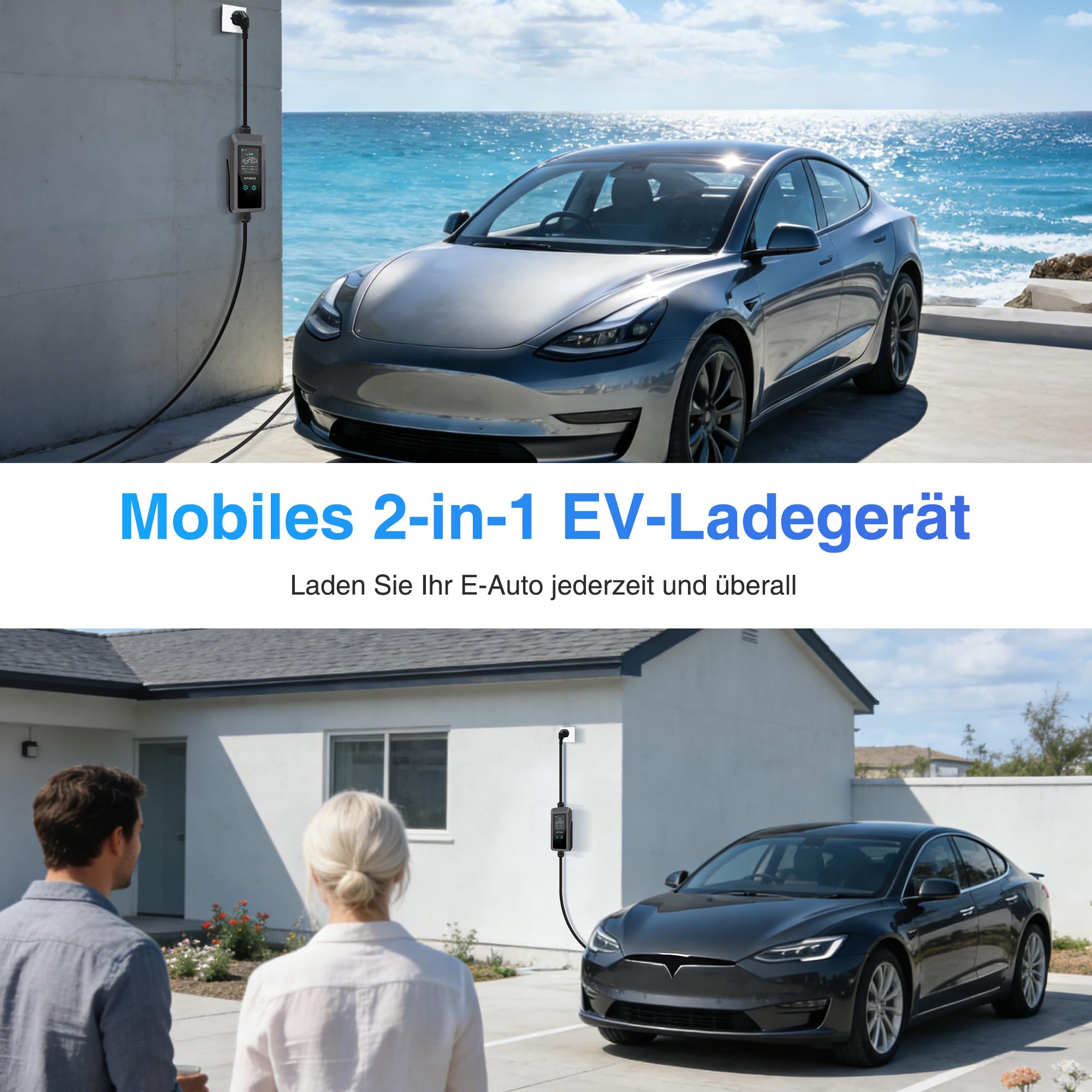 Typ 2 Schuko EV Charger 3,68kW | 8–16A Einstellbar, 6.8m | Tragbares Ladekabel Elektroauto, Mobile Wallbox mit LCD Display, Wasserdicht IP65, Für PHEV & EV IEC 62196-2