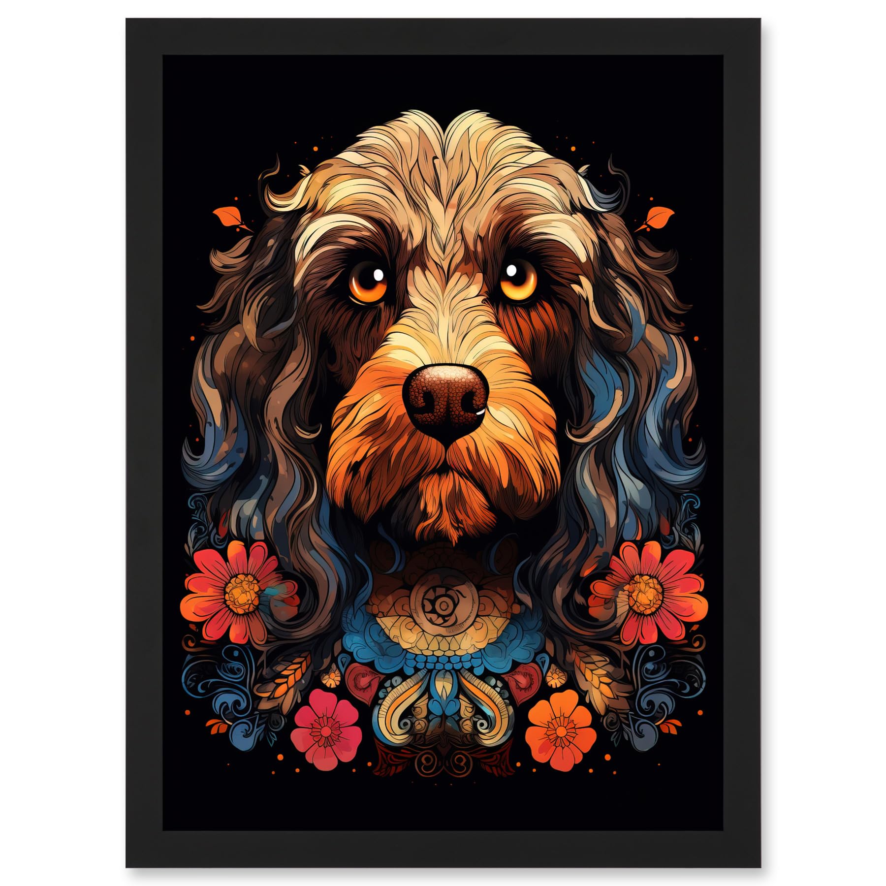 Artery8 Cockapoo Dog with Ornate Collar and Flowers Symmetrical Floral Artwork Orange Pink Blue Tribal Design on Black Artwork Framed A3 Wall Art Print