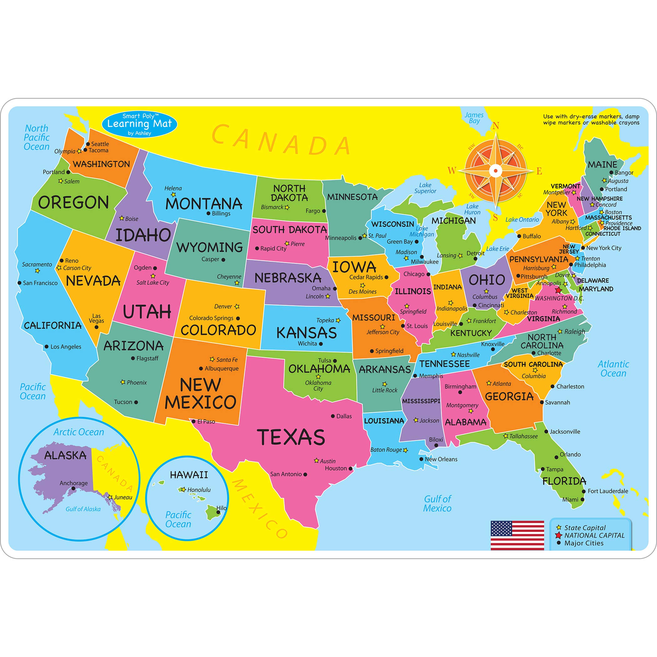 10 Pack Smart Poly Learning Mats 12"x17", Double-Sided, US Map Basic