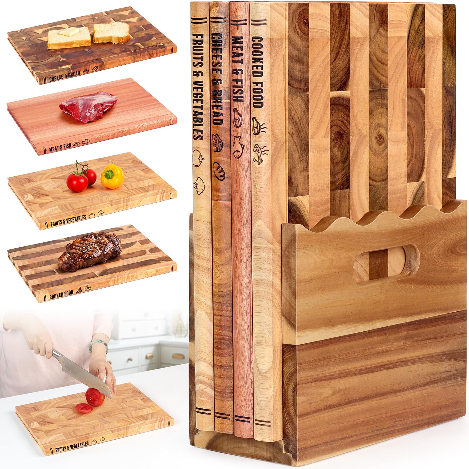 4-Piece Book Cutting Board Set with Scalloped Stand - Solid Wood Cutting Boards That Look Like Books for Food Prep, Serving & Display, Labeled Meat&Fish, Bread&Cheese, Cooked Food, Fruits&Vegetables.