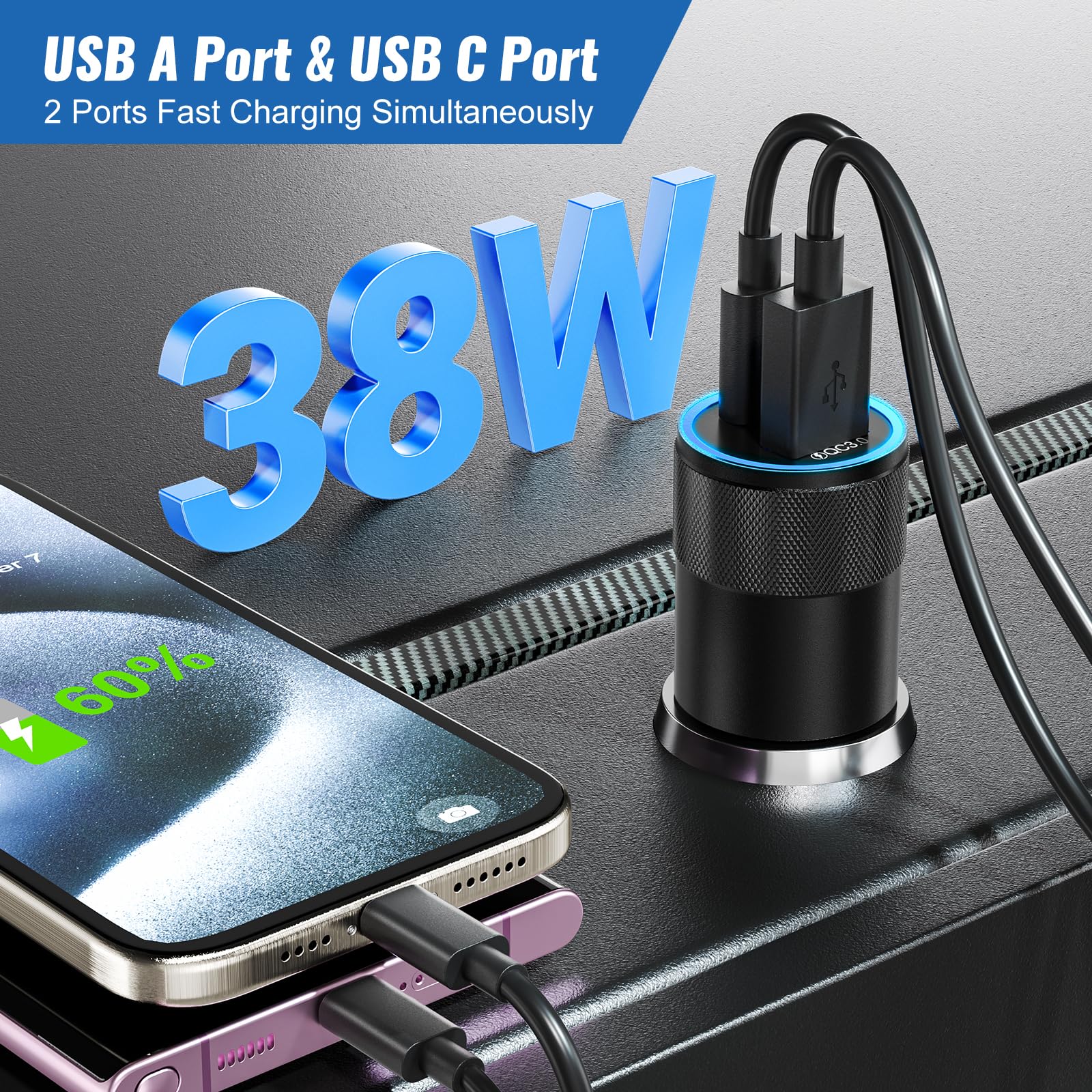 2Pack 38W USB C Caricabatteria da auto ricarica rapida | Adattatore accendisigari, Dual USBC & USB-A Caricabatteria da auto, Multi Port QC 3.0 Cargador Para Carro, Presa USB 12v