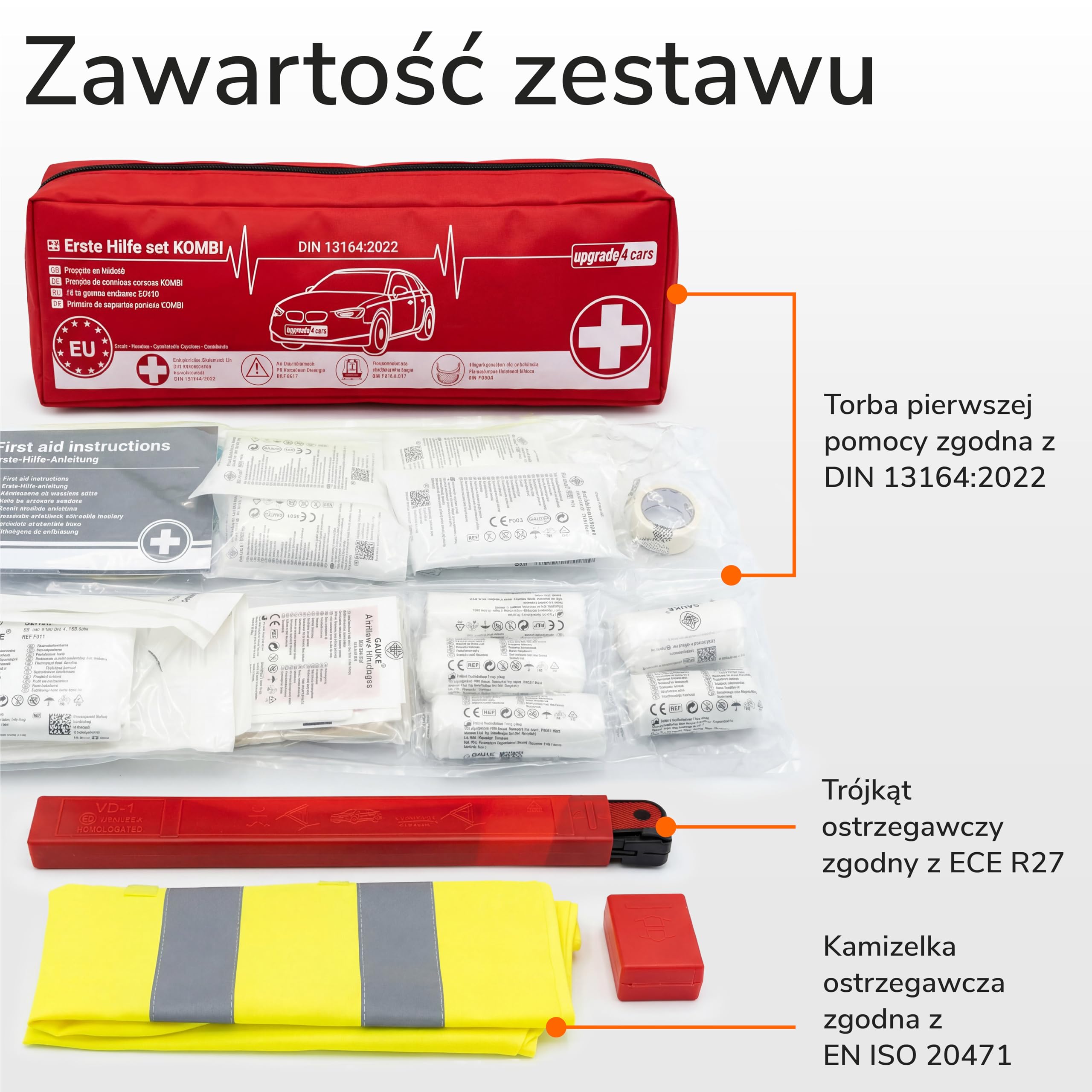 2 x Upgrade4cars Apteczka Samochodowa 2026 z Trójkątem Ostrzegawczym i Kamizelką Odblaskową Zgodna z Normą DIN 13164 Ważna w Całej Europie Zestaw Pierwszej Pomocy Wyposażenie Auta