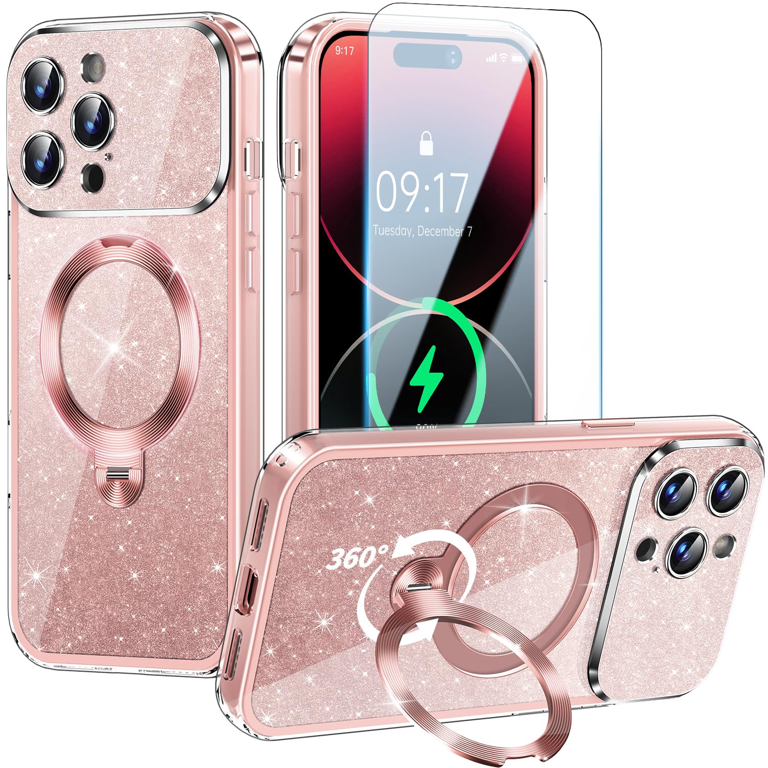 Photo 1 of [Magnetic Glitter Design & Full Camera Protection] for iPhone 14 Pro Max Case with 360° Spin CD Stand Compatible with MagSafe [Screen Protector] Shockproof Sparkly Bling Phone Case for Women- Pink