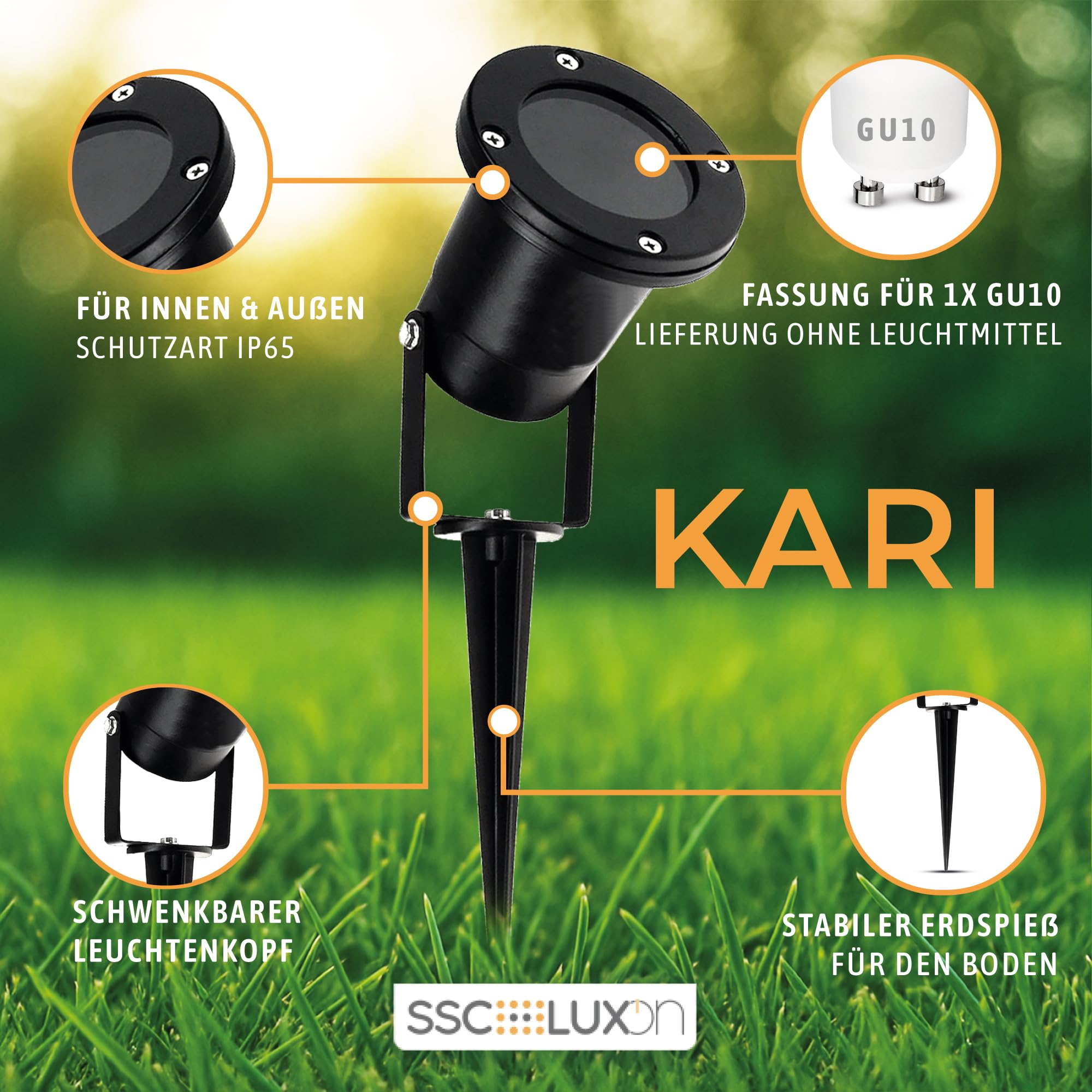 SSC-LUXon Gartenstrahler 2 Stück Erdspieß schwarz IP65 | Zwei Gartenspots mit Erdspieß für Rasen, Bäume & Wege - wetterfest IP65, 1,8m Kabel mit Schukostecker, für GU10 (ohne Lampe)