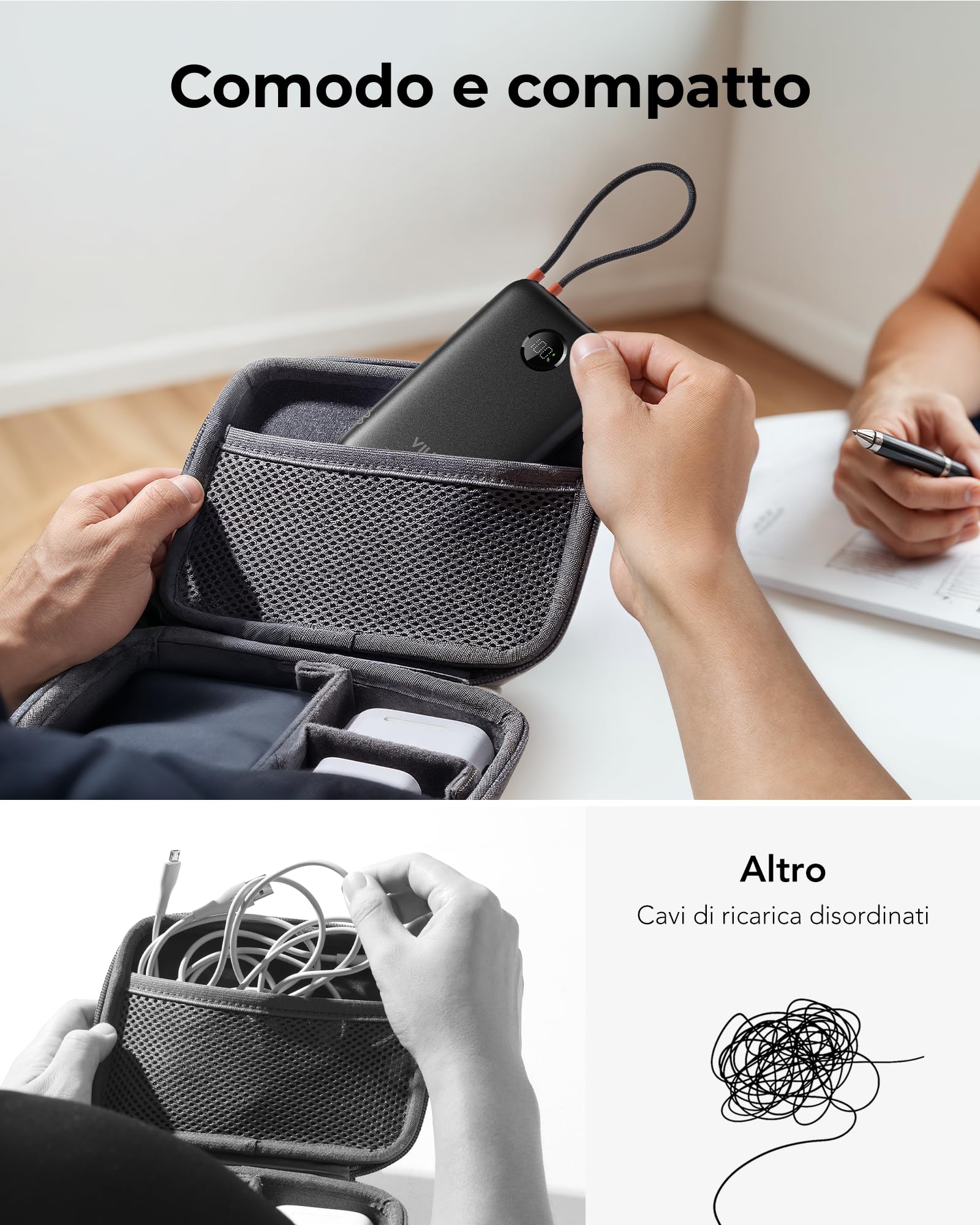 VIYISI Powerbank 10000mAh, Caricabatterie Portatile 22,5W, Batteria Esterna Ultracompatta con Cavo USB-C Integrato, Display LED, per iPhone 16/15, iPad, Samsung Galaxy S24 S23, Huawei - Nero
