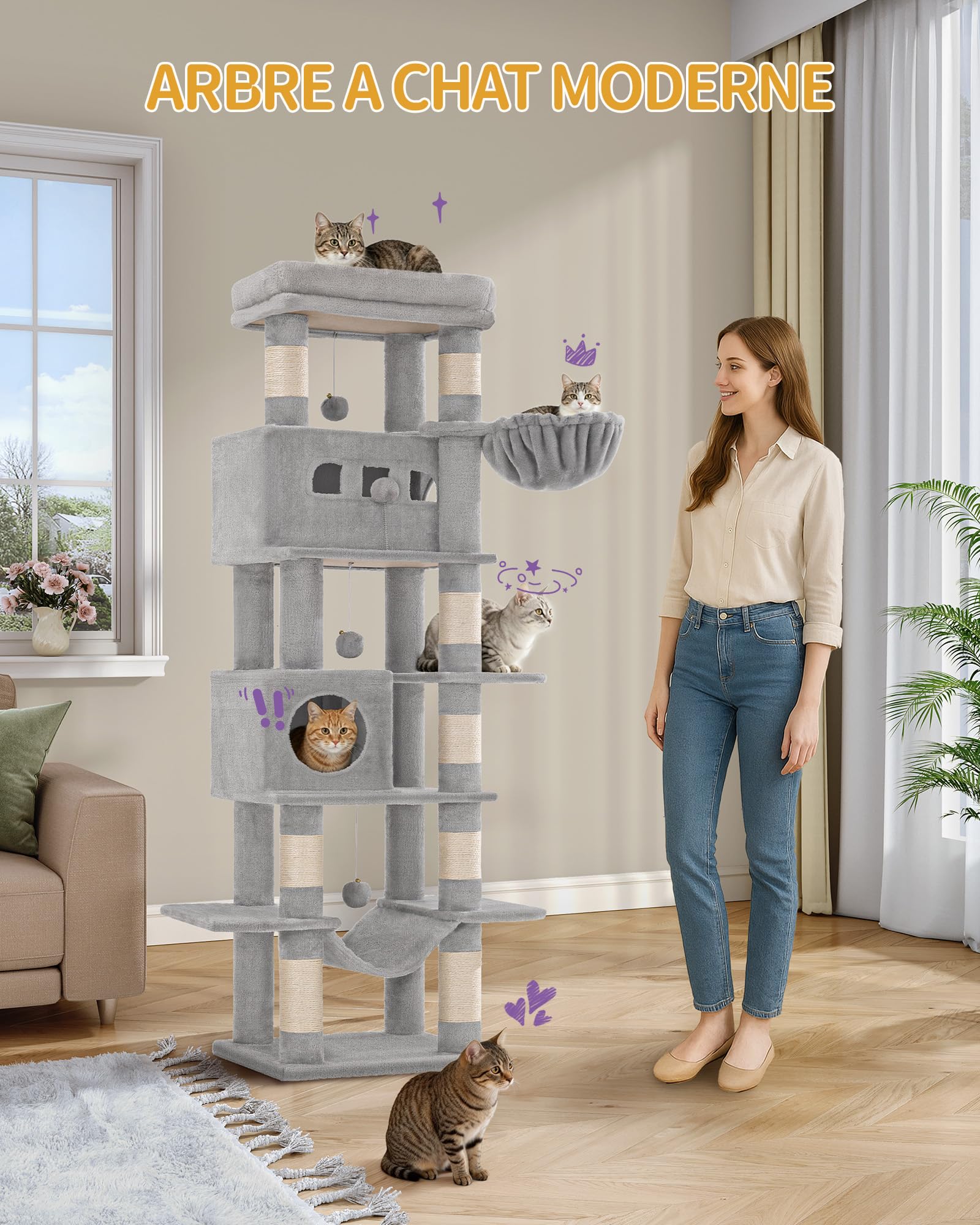 Hzuaneri 170 cm Grand Arbre à Chat, Tour à Chat pour Chats d'intérieur, avec Grand Perchoir, Tapis Lavable, 2 Niches Chats, 8 Griffoirs, Hamac, Pompons, Gris Clair MS17018LG