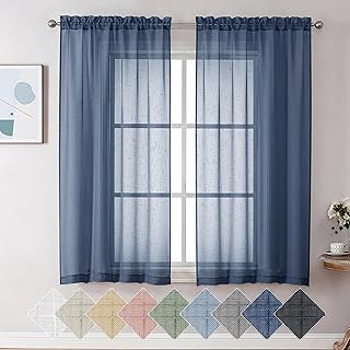 Kirei Open Linen Weave Flax Textured Navy Blue Sheer Window Curtains 63 inches, Medium Long Privacy Semi-Transparent Sheer Panels for Farmhouse/Bedroom, 80