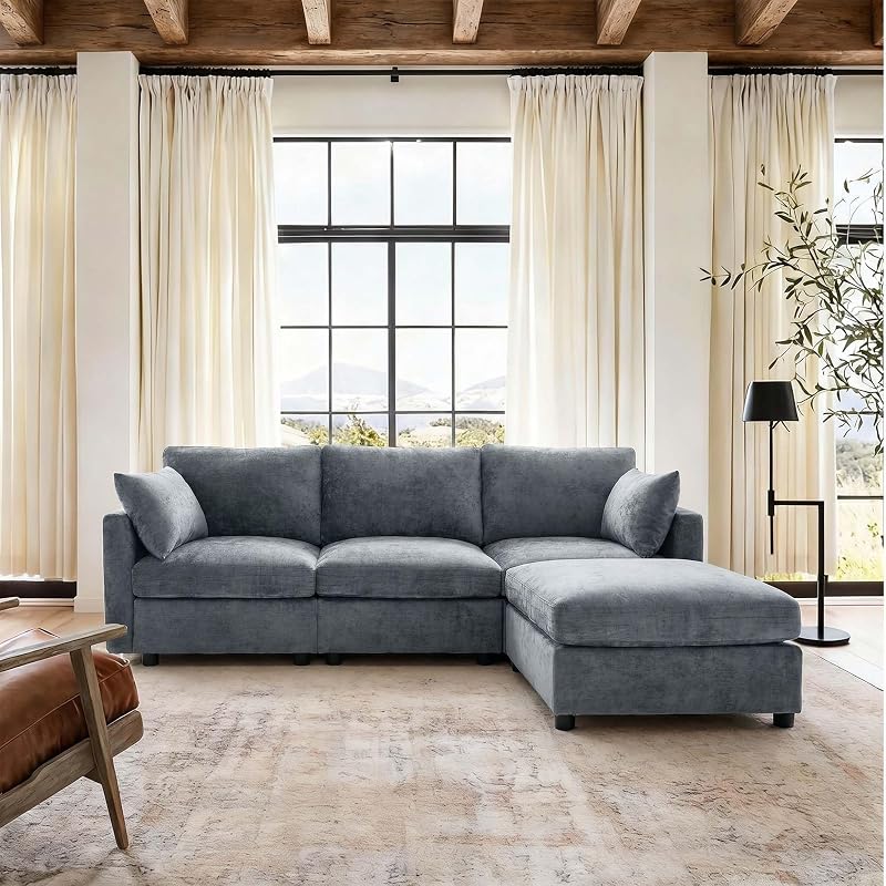 Iroomy Sectional Couch for Living Room, Comfy L Shaped Convertible Sofa, 4 Seater Modern Chenille Sofa with Ottoman, Grey image 3