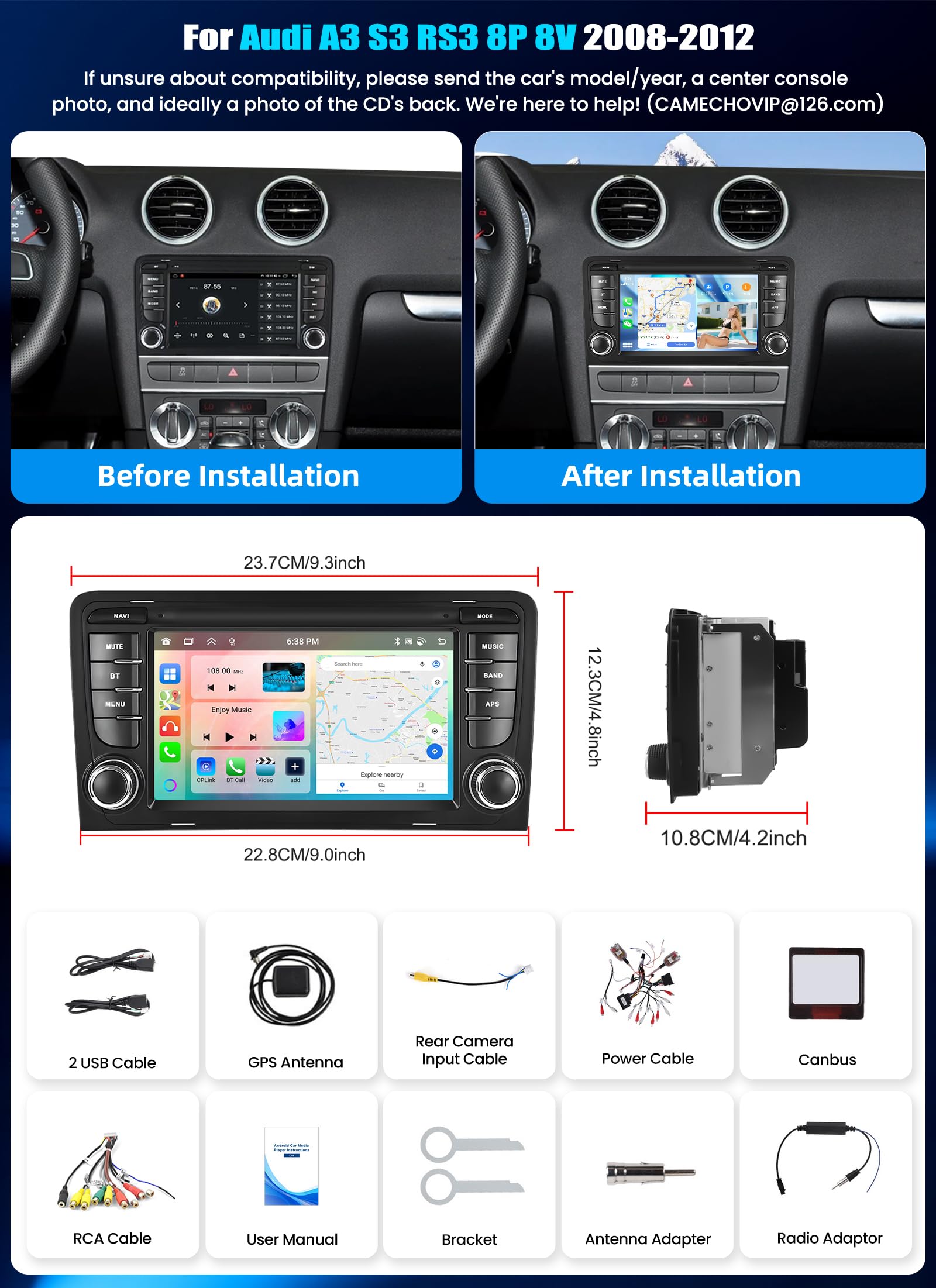 CAMECHO 8-Core 4+64G Android 15 Carplay Autoradio para Audi A3 S3 RS3 8P 8V 2008-2012, DSP Carplay, Pantalla Táctil de 7" Radio Bluetooth para Coche con Android Auto WiFi GPS FM/RDS 32EQ Mirror Link