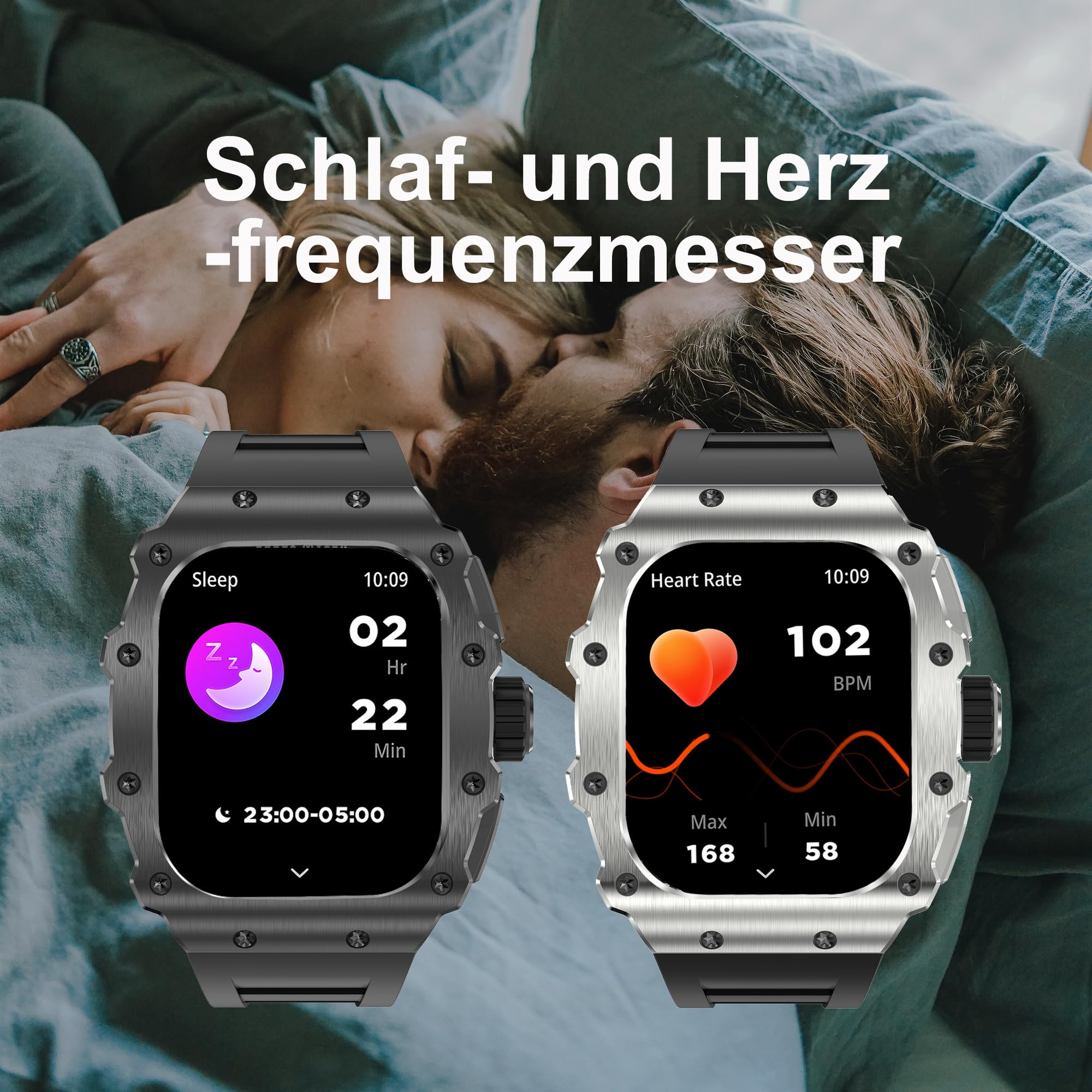 Militär Smartwatch Herren mit Telefonfunktion für Android iOS 1.95 Zoll AMOLED Touchscreen Fitnessuhr Blutdruck Herzfrequenz Schlafmonitor IP68 Wasserdicht Outdoor Sportuhr Langer Akku 123 Sportmodi