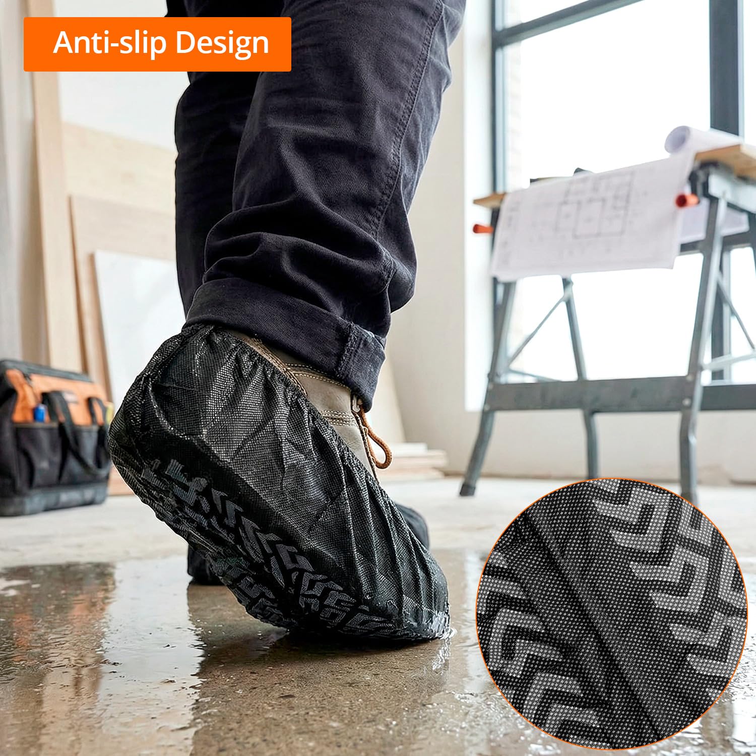 QWORK 100 Pezzi Copriscarpe Monouso Neri XL, Calzari in Tessuto Non Tessuto Suola Antiscivolo