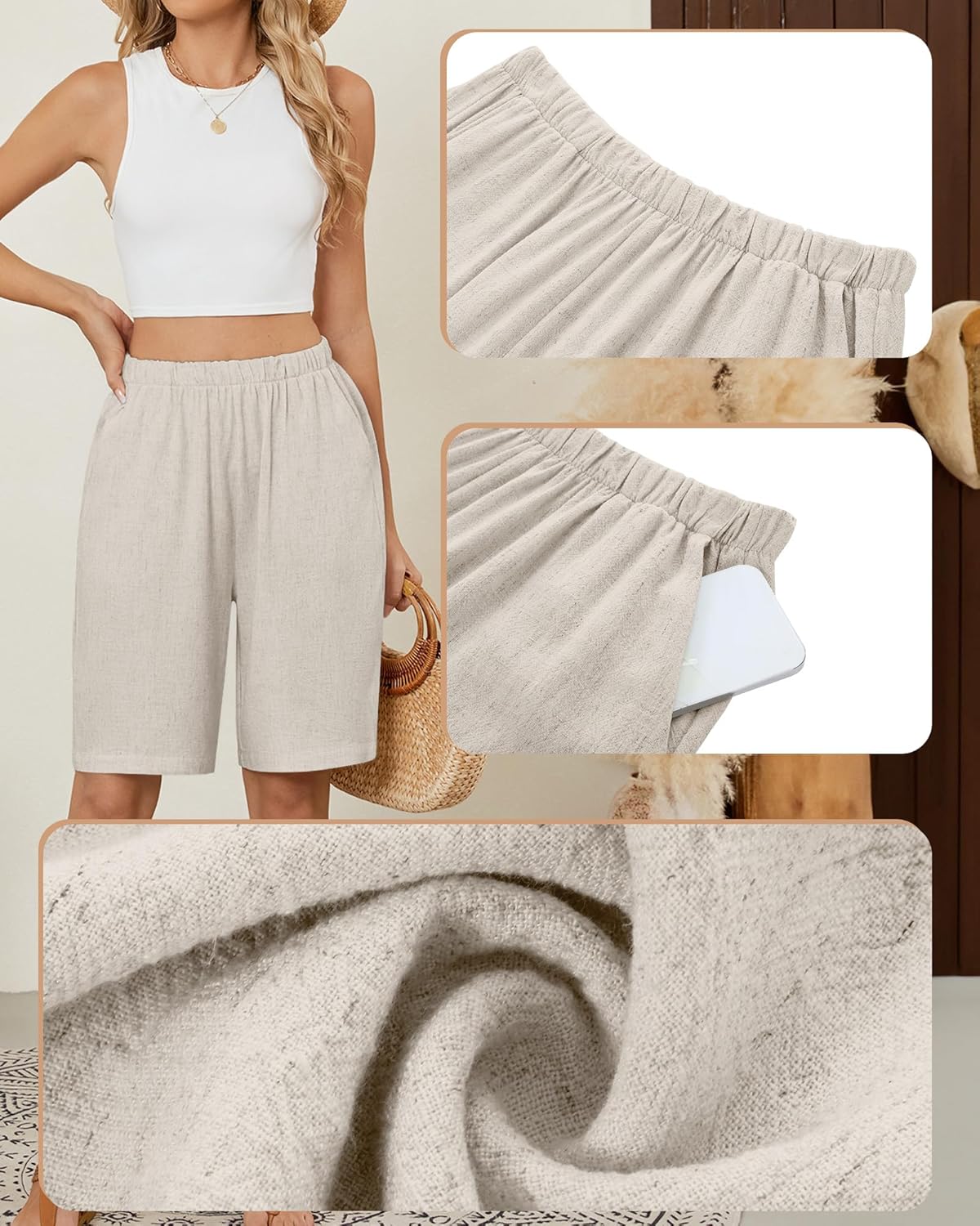 Riyiper 3 Pack Women's Linen Shorts Elastic High Waist Bermuda Wide Leg Summer Casual Lounge Short with Pockets - Image 7