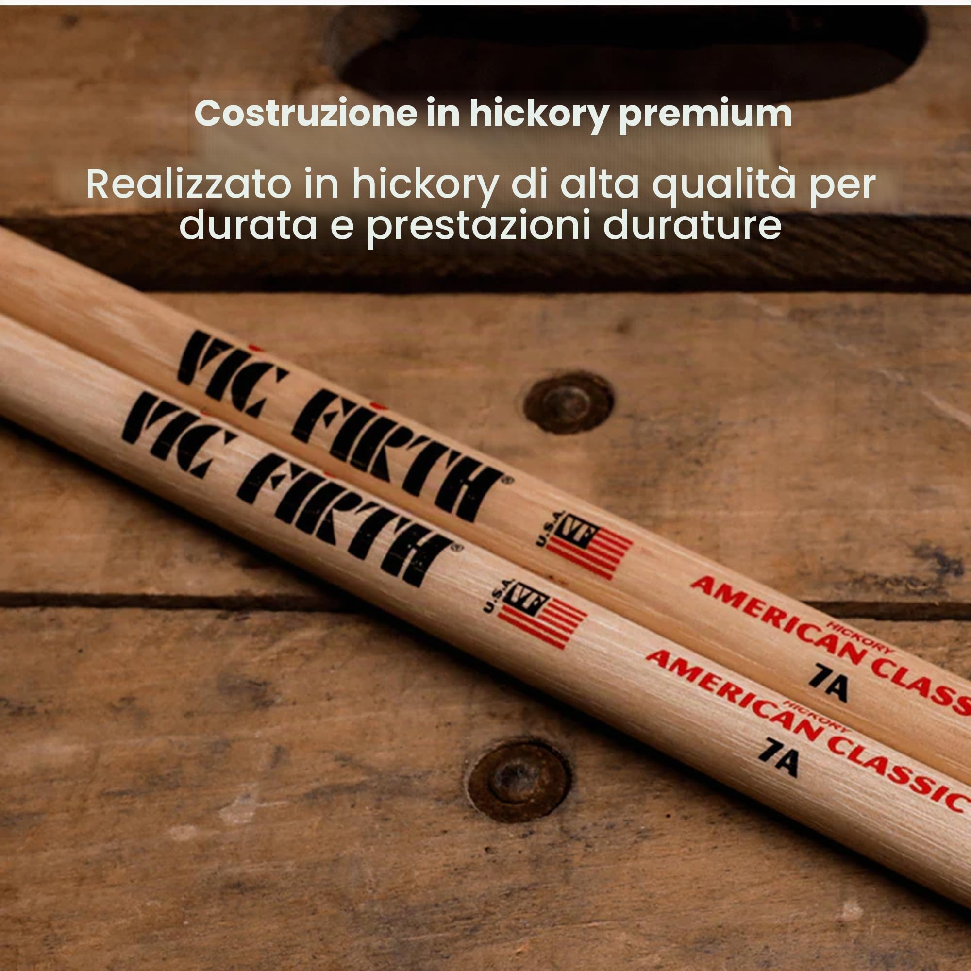 Vic Firth Bacchette per Batteria Serie American Classic 7A Hickory Americano Punta di Legno 4 x paia pacchetto di valore
